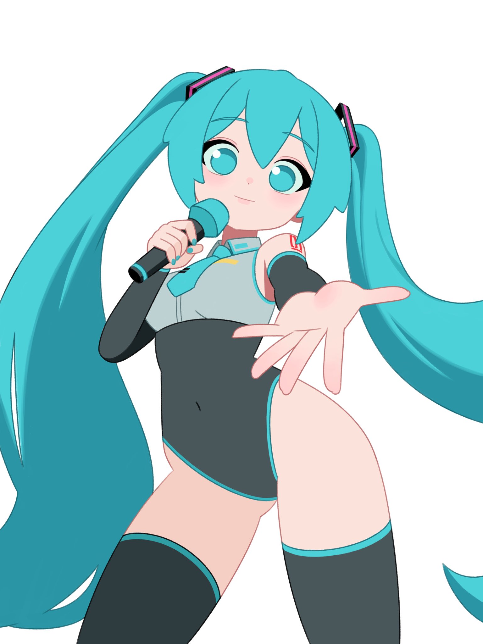 :d, 1girl, alternate costume, aqua eyes, aqua hair, aqua nails, aqua necktie, bangs, bare shoulders, black arm warmers, black leotard, black sleeves, black thighhighs, breasts, closed mouth, covered navel, cowboy shot, deformed, detached sleeves, female, full body, grey shirt, hair ornament, hatsune miku, highleg leotard, highres, hochihochiha, hochihochihavocaloid, holding, holding microphone, leotard, long hair, looking at viewer, microphone, nail polish, necktie, open mouth, outstretched arm, outstretched hand, shirt, sidelocks, simple background, sleeveless, sleeveless shirt, smile, solo, tattoo, thighhighs, twintails, very long hair, white background