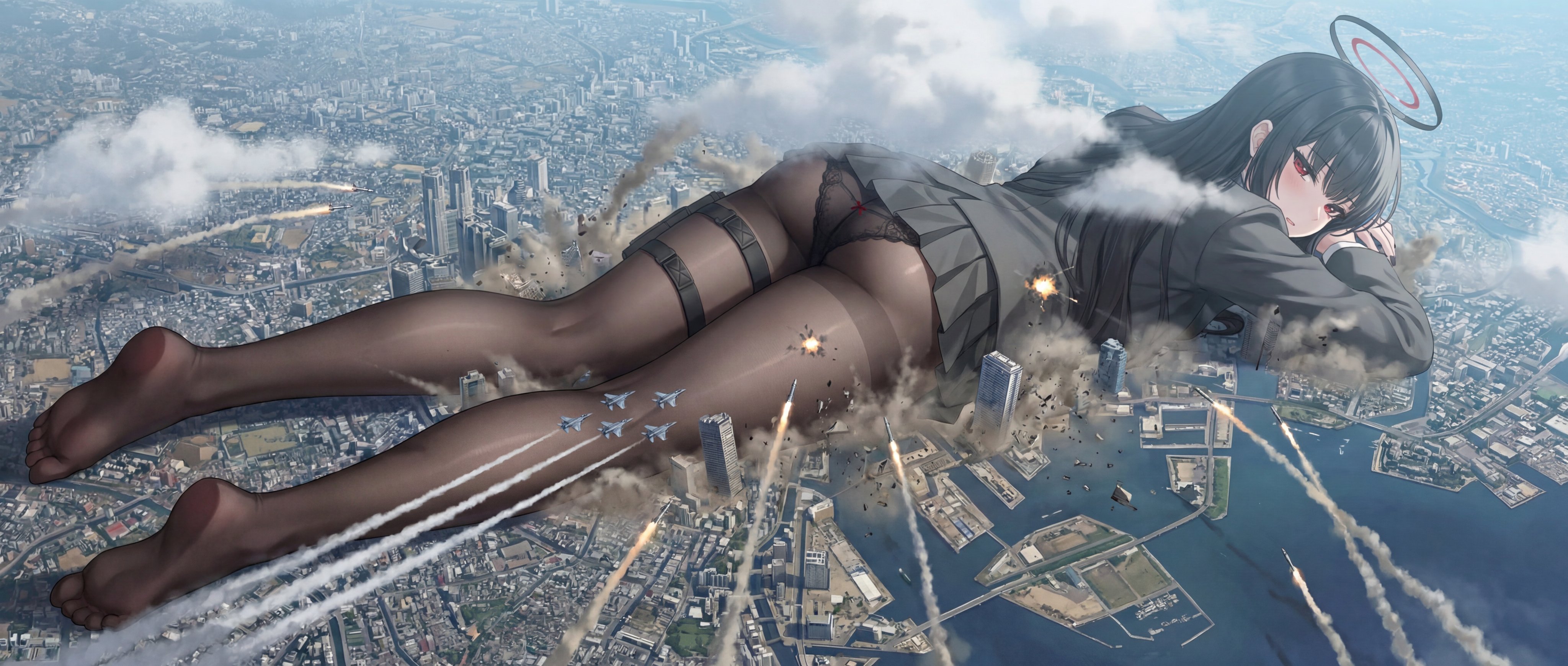 1girls, 513573467, black hair, black hair female, blue archive, city, city destruction, clothed, clothed female, destruction, female, female focus, female only, giantess, halo, jet, military, rio tsukatsuki (blue archive), solo, solo female, solo focus, tsukatsuki rio, uncaring