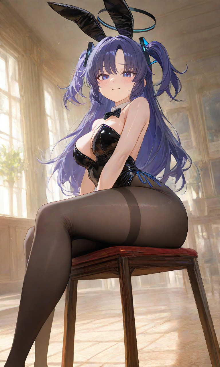 ai generated, blue archive, bunny ears, bunny girl, bunnysuit, cleavage, large thighs, medium breasts, pantyhose, perfect body, seated, sfw, sitting, slombert, small breasts, tights, yuuka (blue archive)