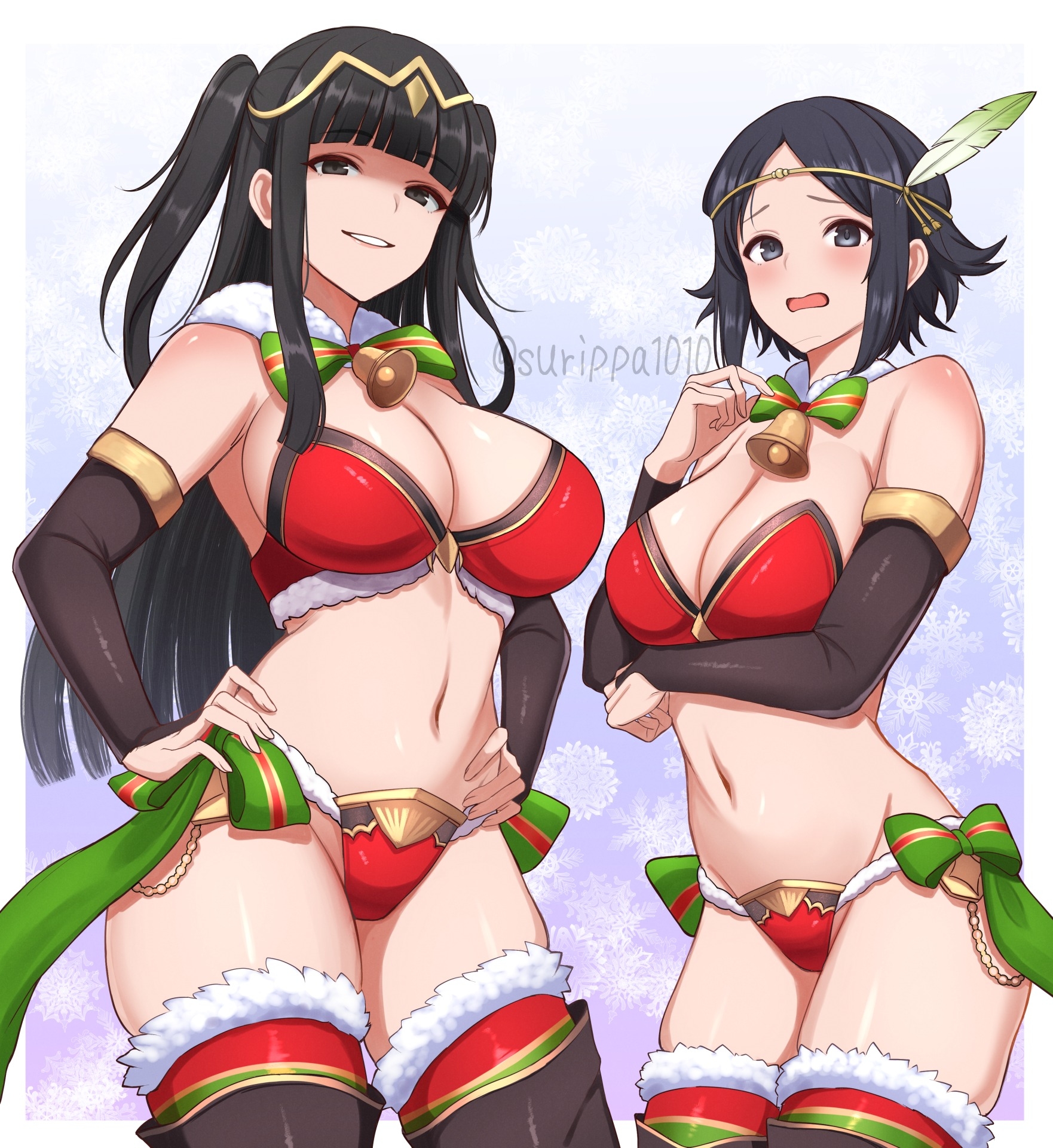 2girls, arm under breasts, bell, big breasts, bikini, bikini bottom, bikini top, black eyes, black hair, bottomwear, breasts, cape, christmas, christmas bikini, christmas clothing, christmas outfit, cleavage, daughter, detached sleeves, feather hair ornament, feathers, female, female only, fire emblem, fire emblem awakening, hair, hands on hips, headwear, legwear, long black hair, long hair, mature, mature female, mature woman, milf, mother, mother and daughter, neckwear, nintendo, noire (fire emblem), short black hair, smile, surippa1010, swimwear, tharja (fire emblem), thighhighs, thighs, topwear, twintails