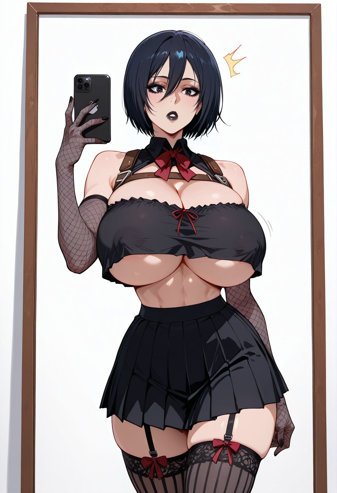 1girls, ai generated, attack on titan, big breasts, dark hair, dress, goth, goth girl, gothic, huge breasts, large breasts, lewdwaifulaifu, lingerie, massive breasts, mikasa ackerman, nipples visible through clothing, selfie, short hair, skirt, thighhighs, underboob