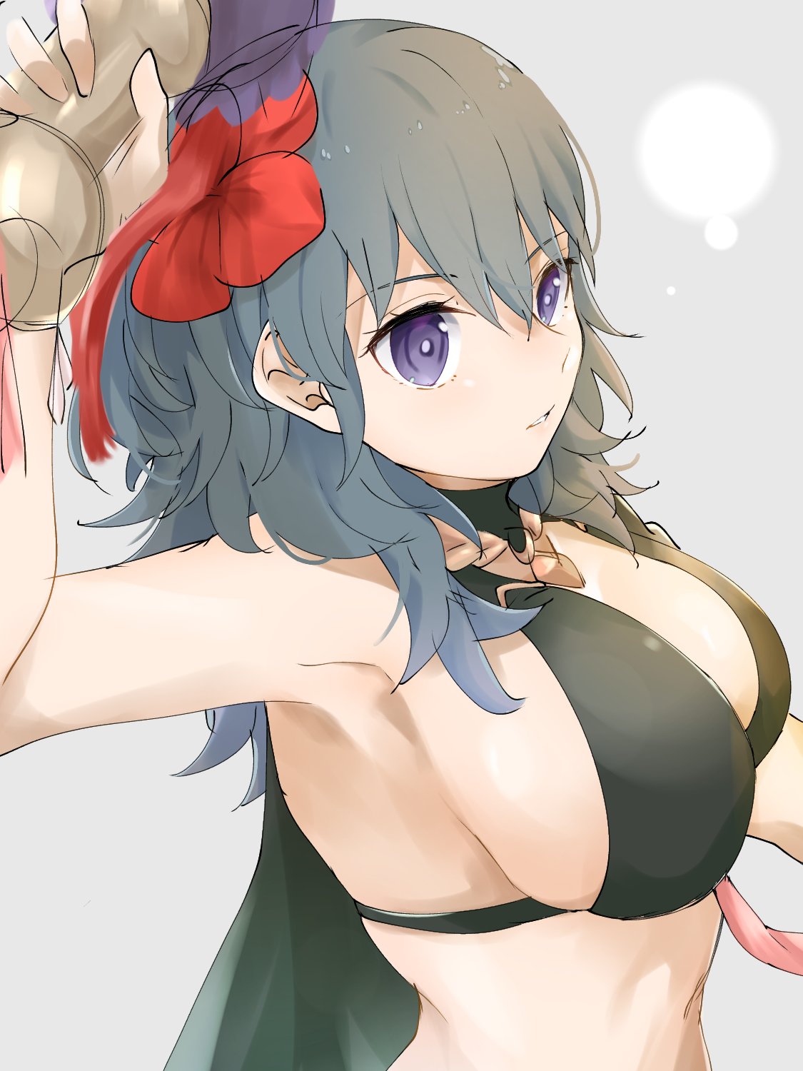 1girls alternate_costume armpits bikini black_bikini black_swimsuit blue_eyes breasts byleth_(fire_emblem) byleth_(fire_emblem)_(female) female female_only fire_emblem fire_emblem:_three_houses fire_emblem_heroes flower hair_flower large_breasts medium_hair nintendo official_alternate_costume red_flower sakura_no_yoru sanoyo_fe sideboob solo swimsuit teal_hair