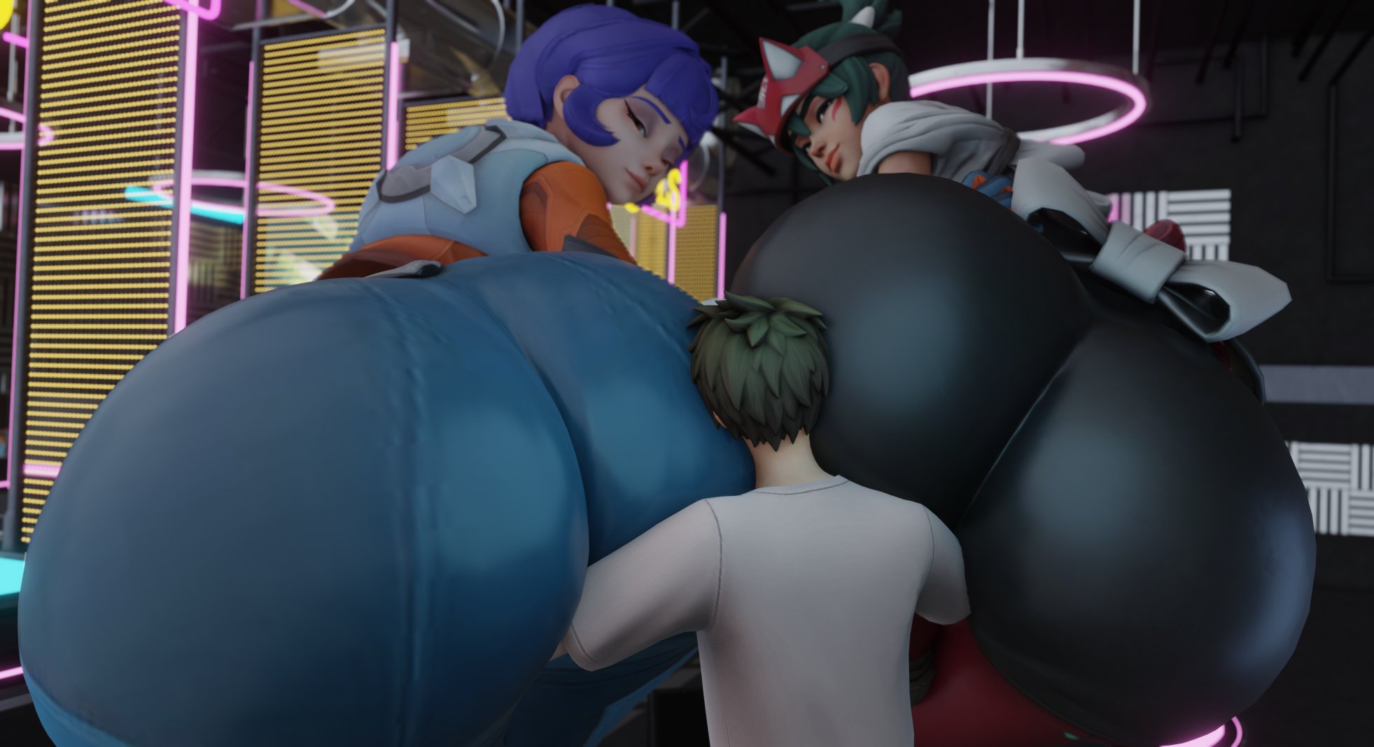 1boy, 2025, 2girls, 3d, 3d (artwork), ass, ass focus, big ass, big butt, blizzard entertainment, butt focus, chinese, chinese female, giantess, height difference, heroines, huge ass, huge butt, human, human only, japanese, japanese female, juno (overwatch), kiriko (overwatch), kiriko kamori, kishi, light skin, light-skinned female, light-skinned male, mini giantess, overwatch, overwatch 2, size difference, teo minh
