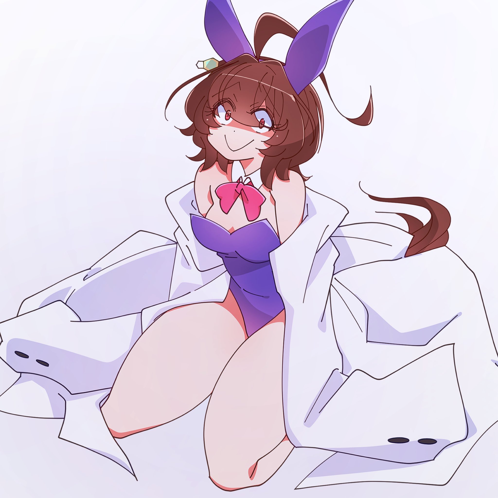 1girls, agnes tachyon (umamusume), animal ears, big thighs, breasts, brown hair, bunny costume, bunny ears, clothed, clothing, fake animal ears, female, female only, fully clothed, fur, hi res, kaijin debeso, light skin, light-skinned female, simple background, smile, solo, tail, thick thighs, thighs, umamusume, umamusume pretty derby, white background, white skin
