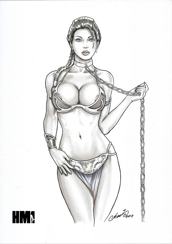 1girls, armlet, belly dancer, black and white, bracelet, breasts, chain leash, chains, cleavage, collar, dancer, enslaved royal, female, female only, full cleavage, greyscale, harem girl, hm1art, large breasts, loincloth, looking at viewer, metal bikini, monochrome, navel, princess leia organa, revealing clothes, slave, slave bikini, slave collar, slave girl, slave leia, slave outfit, solo, star wars