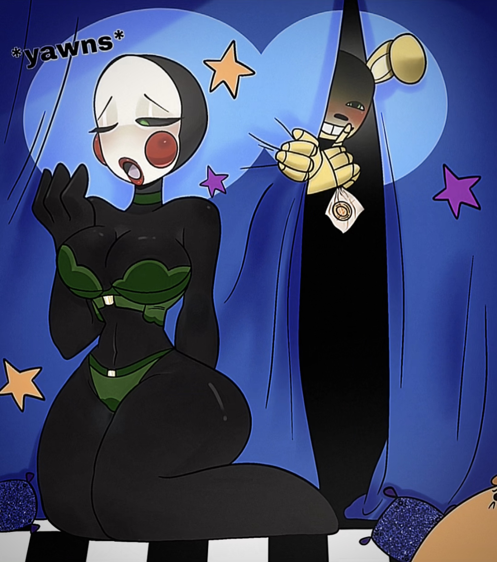 black body, classic fnaf 2 marionette, classic fnaf 2 puppet, classic puppet, condom, five nights at freddy's 2, fredbears family diner, green lingerie, imminent sex, jemfjejdhkef, lingerie, male/female, marionette (fnaf), peeking, peeping, peeping tom, puppet, puppet (fnaf), spring bonnie, spring bonnie (fnaf), tagme, yawning