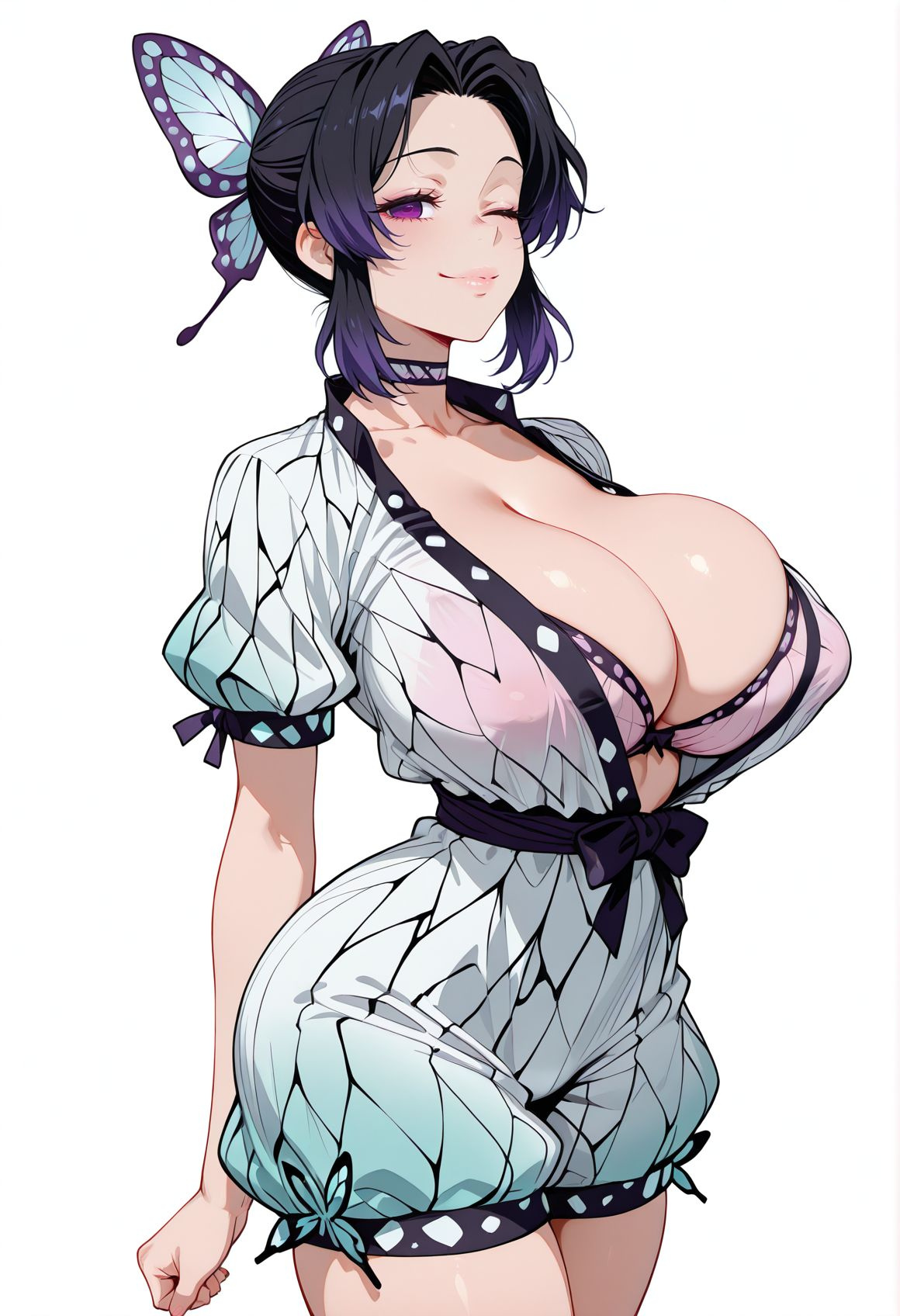 1girls, ai generated, big breasts, dark hair, demon slayer, highlights (coloring), huge breasts, kochou shinobu, large breasts, lewdwaifulaifu, looking at viewer, purple eyes