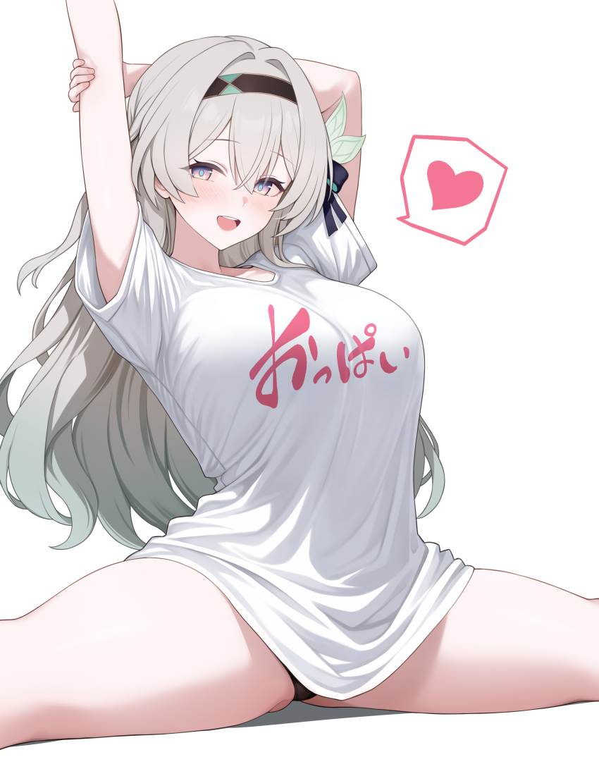 1girls, arm behind head, blush, breasts, firefly (honkai: star rail), gradient hair, hair ornament, headband, heart, honkai (series), honkai: star rail, large breasts, multicolored eyes, myuu (arisumeria), open mouth, open smile, panty peek, shirt, silver hair, smiling, split, stretching, thighs