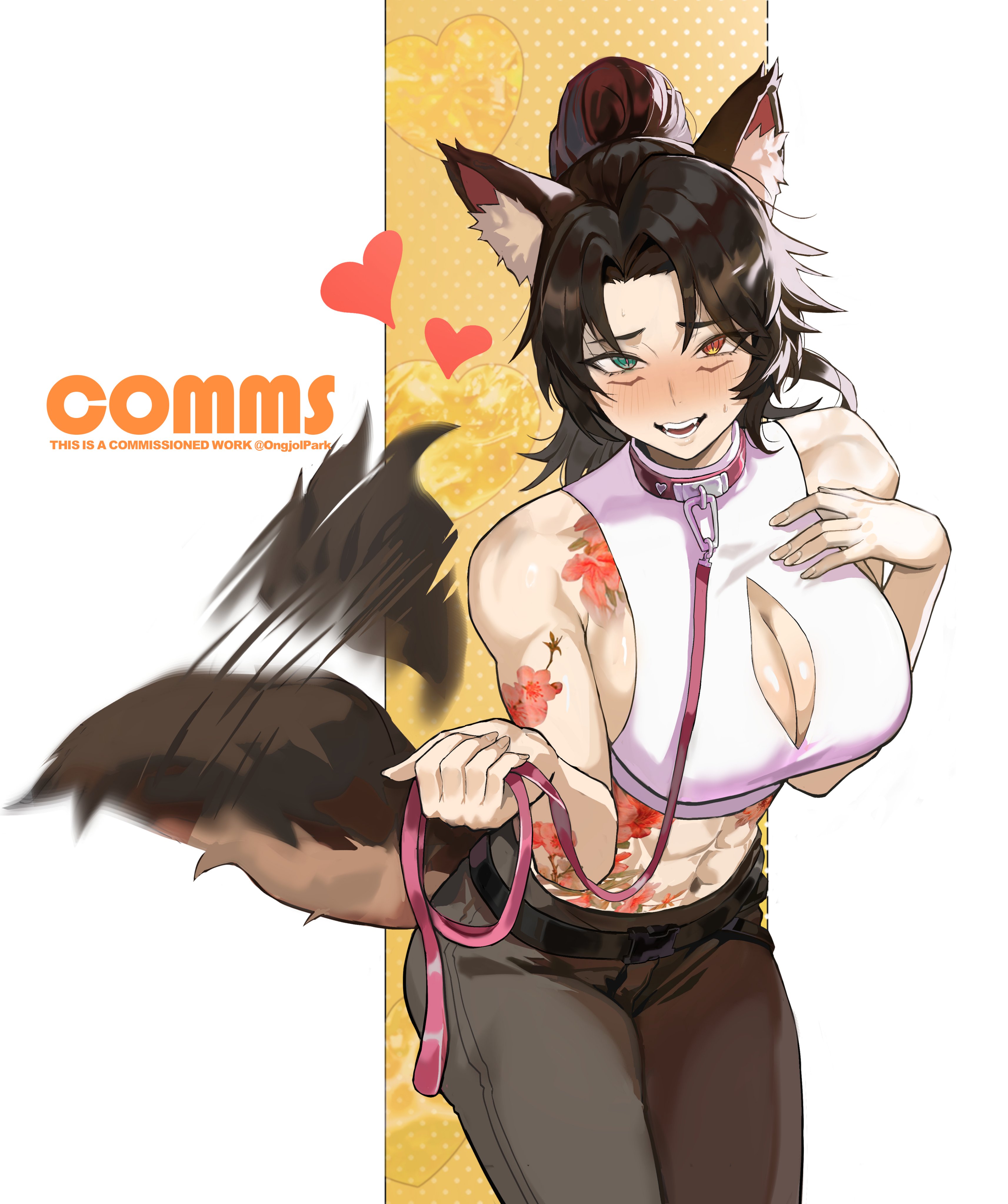 1girls, abs, absurdres, afterimage, animal collar, animal ears, aqua eyes, arm tattoo, bare arms, bare shoulders, belt, black hair, breasts, brown pants, cleavage, cleavage cutout, clothing cutout, collar, commentary, commission, cowboy shot, crop top, english commentary, facial mark, fangs, female, flower tattoo, furrowed brow, hand on own chest, heart, heterochromia, highres, holding own leash, indie virtual youtuber, lady qathrin, large breasts, leaning forward, leash, light skin, light-skinned female, long hair, looking at viewer, ongjolpark, open mouth, orange hair, pants, parted bangs, pet play, ponytail, shirt, sleeveless, sleeveless shirt, solo, stomach, stomach tattoo, tail, tail wagging, tattoo, virtual youtuber, white shirt, wolf ears, wolf girl, wolf tail