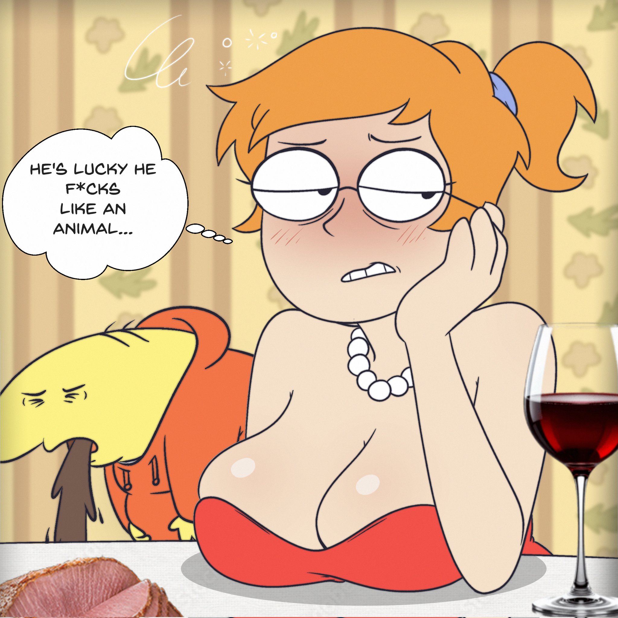 blush, charlie (smiling friends), cleavage, embarrassed, emetophilia, english text, ginger, glasses, grimace, light-skinned female, mindgasmyt, necklace, pearl necklace, ponytail, red dress, smiling friends, thought bubble, vomit, zoey (smiling friends)