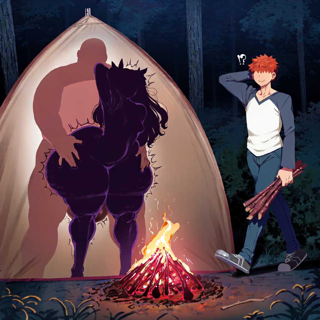 ai generated, ambiguous penetration, backshots, big ass, big butt, breasts, campfire, emiya shirou, fat male, fat man, fate (series), fate/stay night, female, huge ass, huge butt, ishimo, long hair, male, multiple males, netorare, outline, silhouette, small breasts, standing sex, tent, thick thighs, tohsaka rin, twintails, woods
