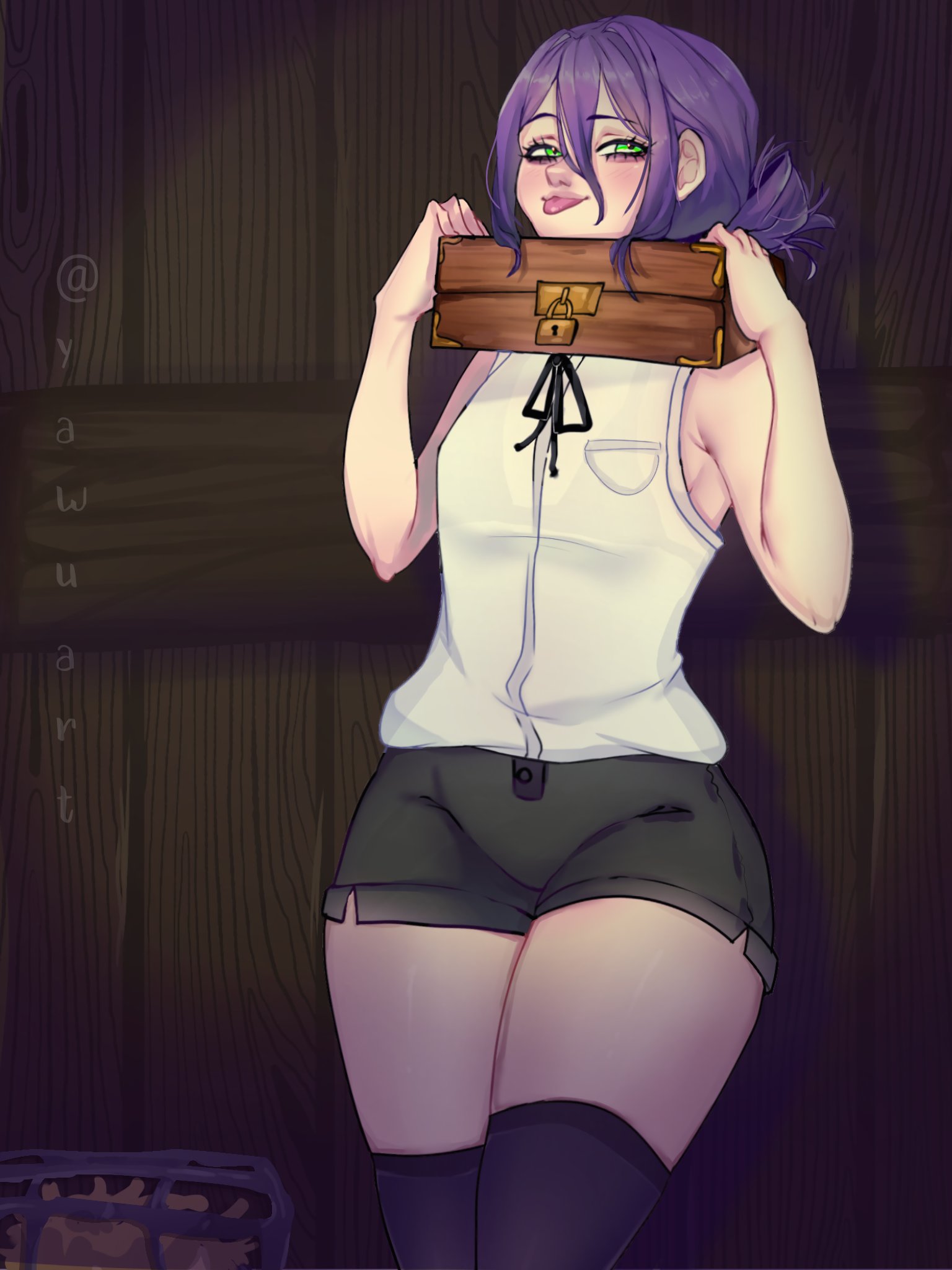 bondage, captured, chainsaw man, clothed, collar, color, digital media (artwork), female, flat chest, nose, realistic proportions, reze (chainsaw man), shorts, solo focus, teasing, thighs, tounge out, yawuarts
