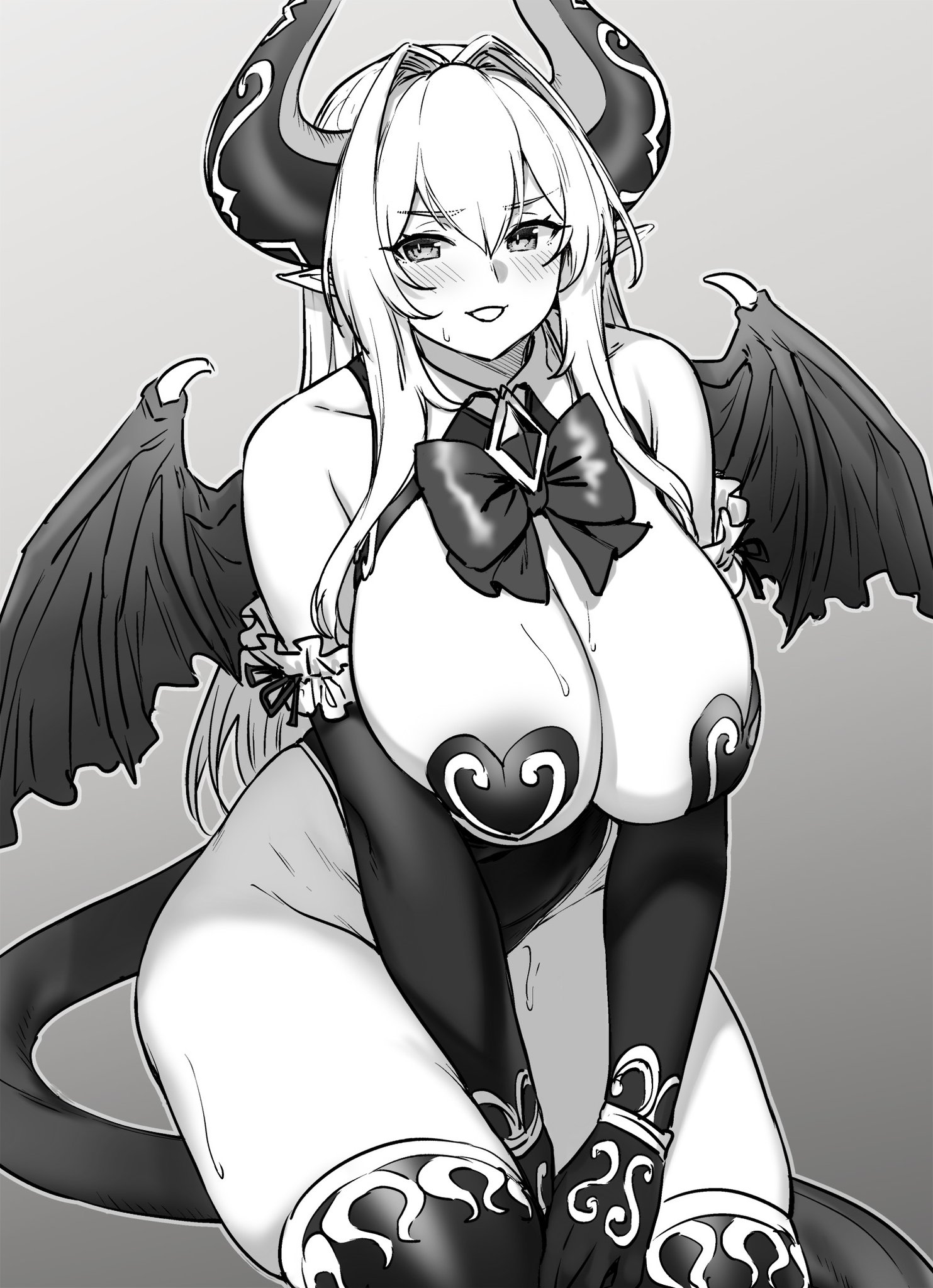 big breasts, bow, breasts, cattleya (houtengeki), demon, demon girl, demon horns, demon tail, demon wings, female, heart pasties, houtengeki, large breasts, looking at viewer, monochrome, pasties, pointy ears, revealing clothes, sweatdrop, thick thighs, thighhighs, wide hips