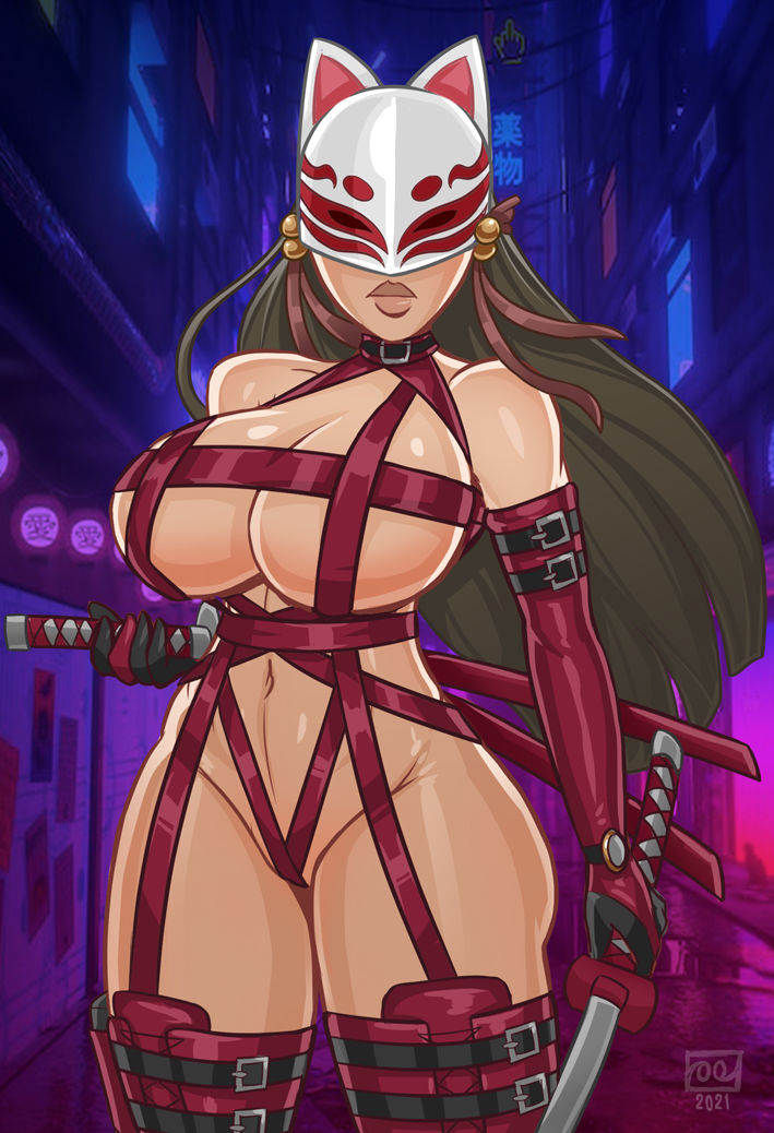 1girls barely_covered belly_button big_breasts bikini_armor breasts brown_hair choker detailed_background female female_only long_hair mask monolithic-sloth ninja ribbon ribbon_bra sleeves source_request sword