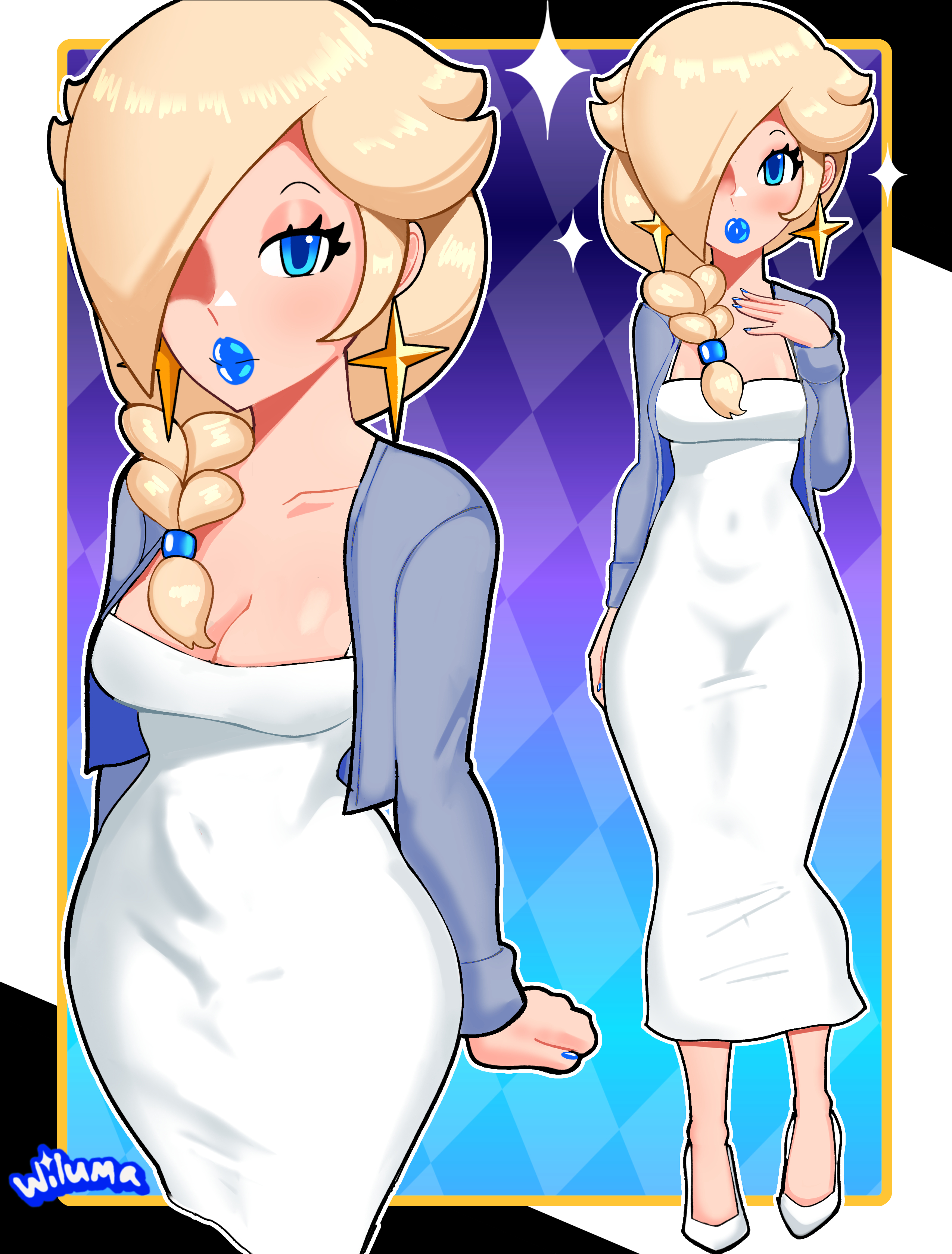 1girls, alternate version available, bimbo, bimbo lips, blonde hair, blue eyes, blue lips, blue lipstick, blue nail polish, blue nails, braid, braided hair, breasts, cleavage, close-up, clothing, dress, ear piercing, earrings, female, female only, full body, hair, hair over one eye, half-closed eyes, heels, hips, jacket, legs, lips, lipstick, mario (series), nail polish, nails, nintendo, parted lips, princess rosalina, smile, solo, solo female, sparkles, star earrings, thick lips, white dress, wiluma
