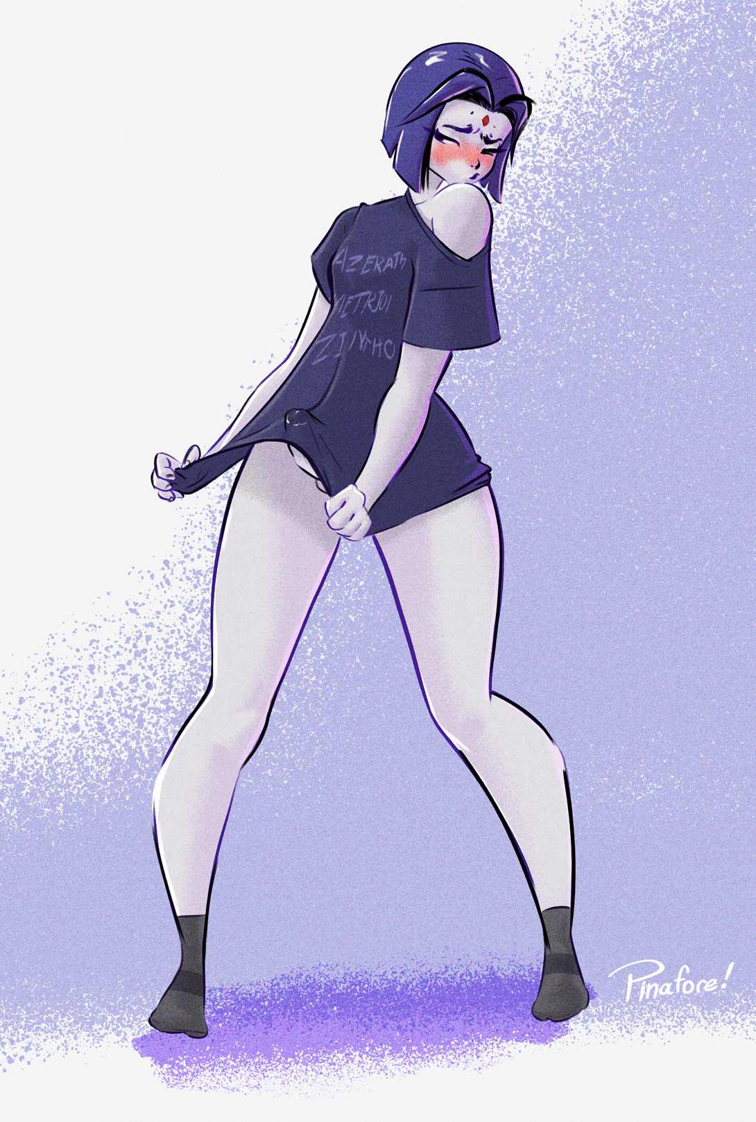 1girls, balls, blush, blushing, bottomless, breasts, clothed, clothing, covering crotch, dc, dc comics, embarrassed, erection, erection under clothes, female, futa only, futanari, goth, hiding erection, humanoid, humanoid penis, intersex, looking away, partially clothed, penis, pinafore (artist), precum, precum through clothing, rachel roth, raven (dc), shirt only, shirt pull, small breasts, socks, solo, standing, straight hair, teen titans, tenting