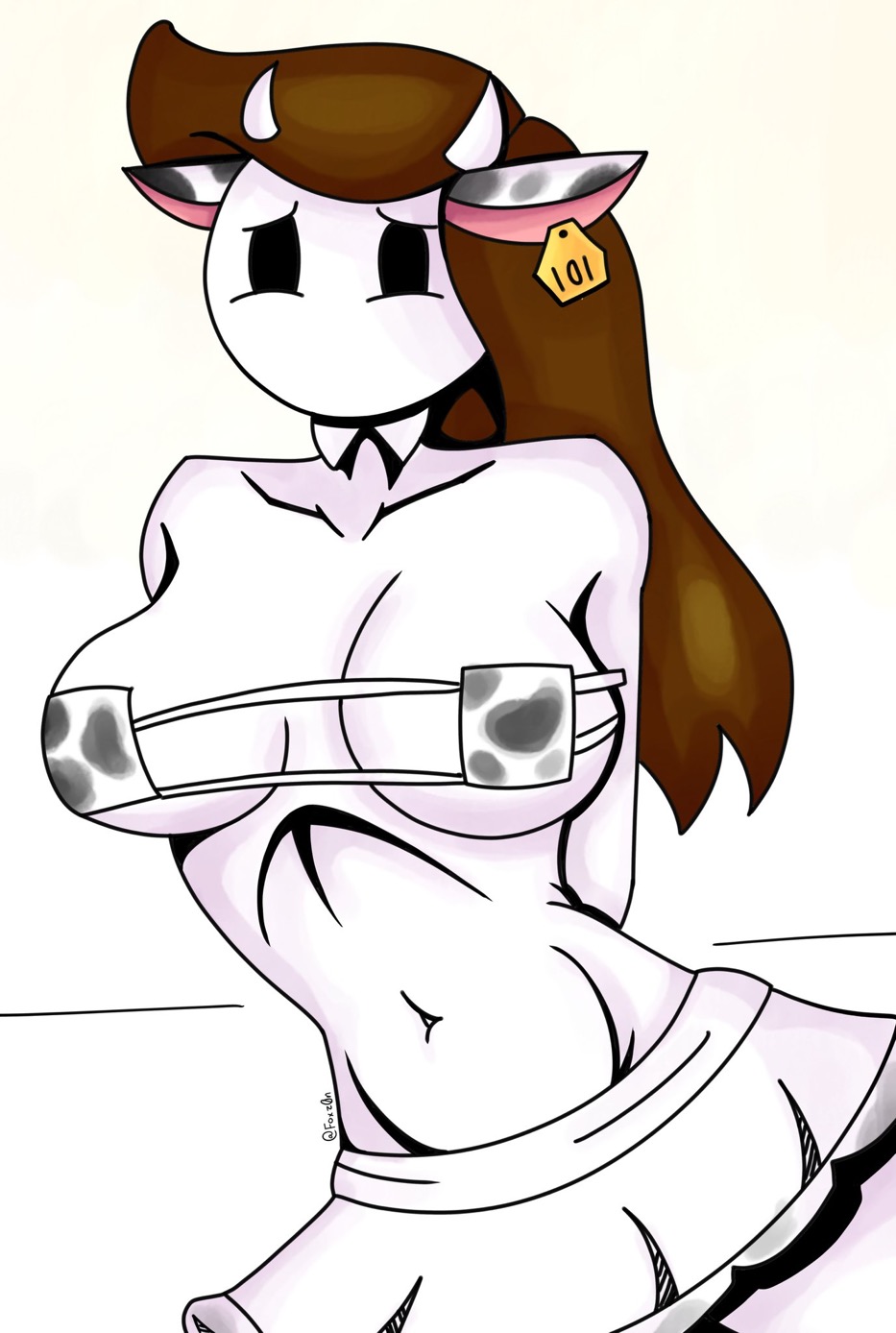 brown_hair cow_bikini cow_ears cow_horns eyepatch_bikini foxz0ne let_me_explain_studios mob_face no_mouth rebecca_parham skirt tagme youtube youtuber