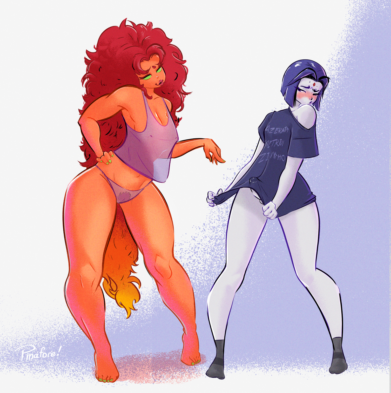 1futa, 1girls, alien, alien girl, ass, big breasts, blush, bottomless, breasts, clothed, clothing, covering crotch, curly hair, dc, dc comics, duo, embarrassed, erection, erection under clothes, female, futanari, goth, green eyes, hiding erection, human, humanoid, intersex, koriand'r, large ass, large hips, looking away, orange skin, partially clothed, penis, pinafore (artist), pointing at penis, precum, precum through clothing, pubic hair, rachel roth, raven (dc), red hair, see-through clothing, shirt only, shirt pull, small breasts, socks, standing, starfire, starfire (classic), starfire (comics), straight hair, tamaranean, teasing, teen titans, very long hair