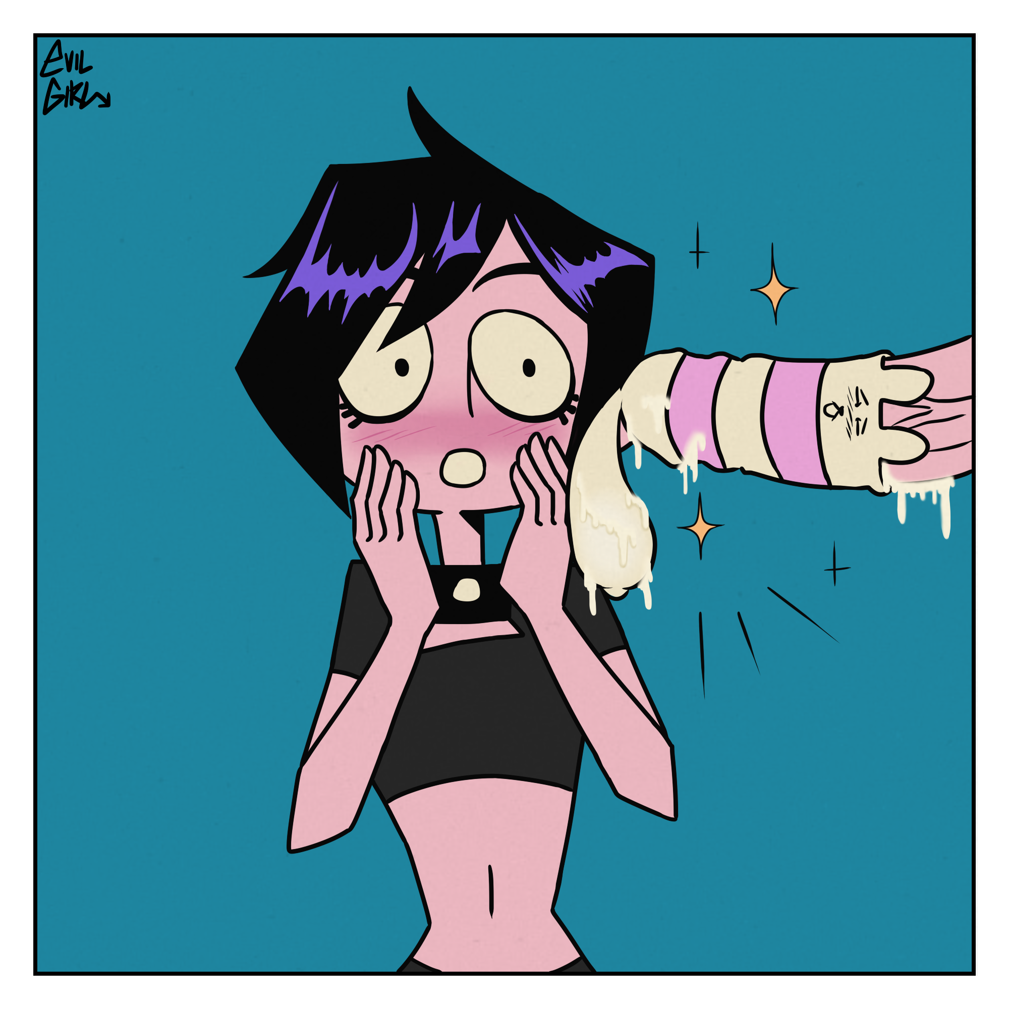 1boy, 1girls, 2021, belly, belly button, big penis, black hair, blue background, collar, condom filling, earrings, evilgirl, female, fuzzy socks, goth, goth girl, gothic, male, partial male, penis, piercing, pink skin, short hair, simple background, sock on penis, socks, standing, valbun, valbun (oc)