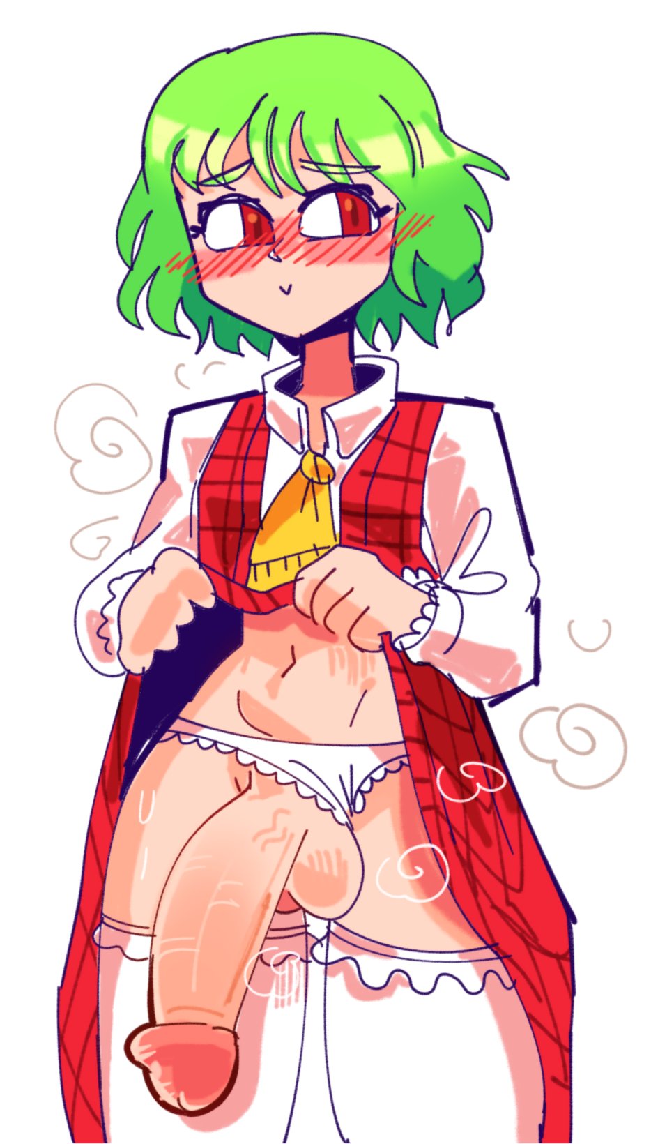 1futa, balls, big penis, breadcatta, breasts, clothed, clothing, dress, dress lift, flashing, frills, futa only, futanari, green skin, human, intersex, light skin, light-skinned futa, mostly clothed, pale skin, panties, penis, solo, standing, steam, thighhighs, touhou, yuka kazami