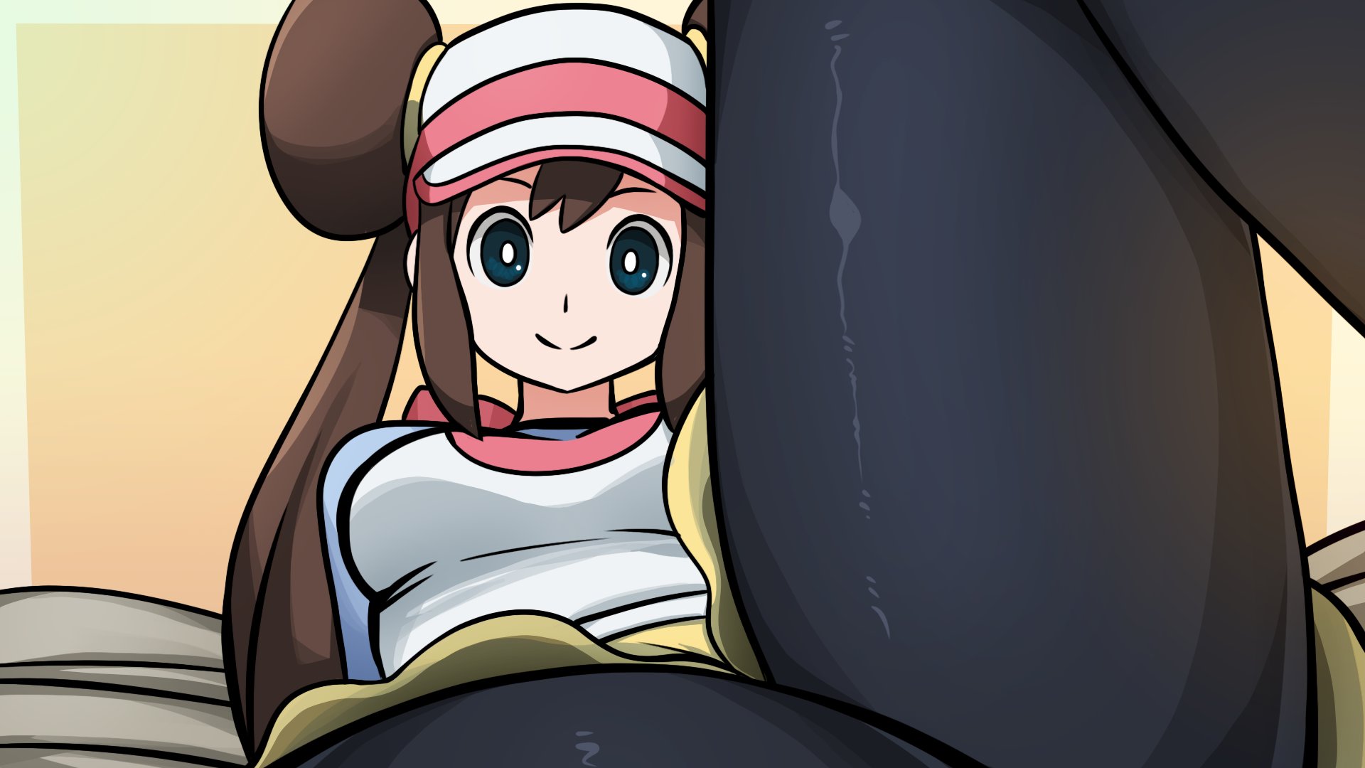 1girls, brown hair, female, hat, looking at viewer, mosbles, pantyhose, pokemon, pokemon bw, pov, rosa (pokemon), skirt, smile, thick thighs, visor cap