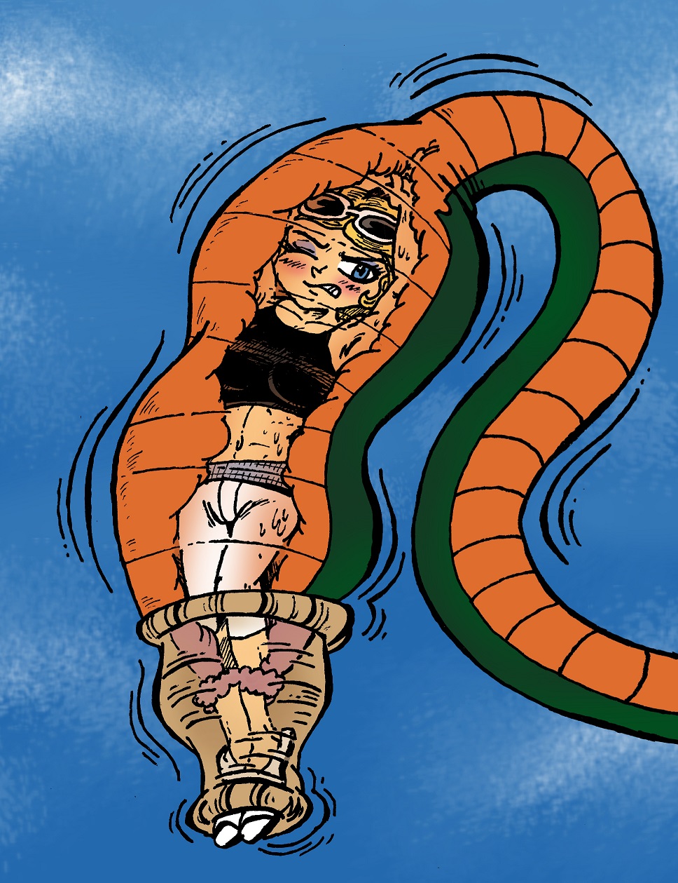 1girls andreu-t angry blonde_hair blush cell_(dragon_ball) chloe_bourgeois clothing crossover dragon_ball dragon_ball_z flesh_tunnel fleshy_tentacle miraculous_ladybug sunglasses sunglasses_on_head sweat sweating sweating_profusely tail tail_bondage tail_bulge tail_grab tail_vore tail_wrap vore x-ray