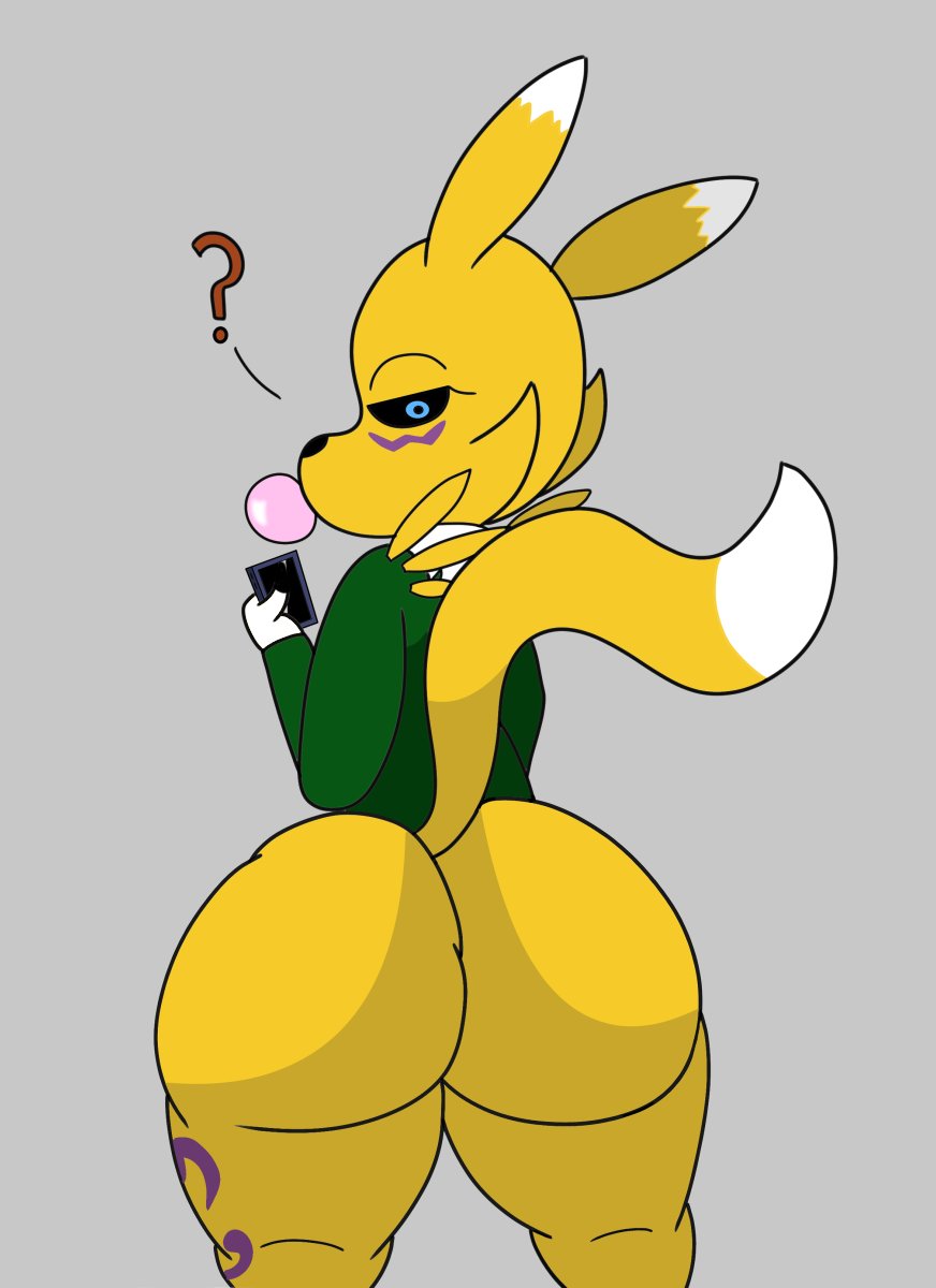 ? anthro big_butt blue_eyes butt_focus cellphone crackalacking digimon digimon_(species) fur gray_background green_clothes green_clothing looking_at_viewer no_panties no_pants phone rear_view renamon twitter_username yellow_fur yellow_tail