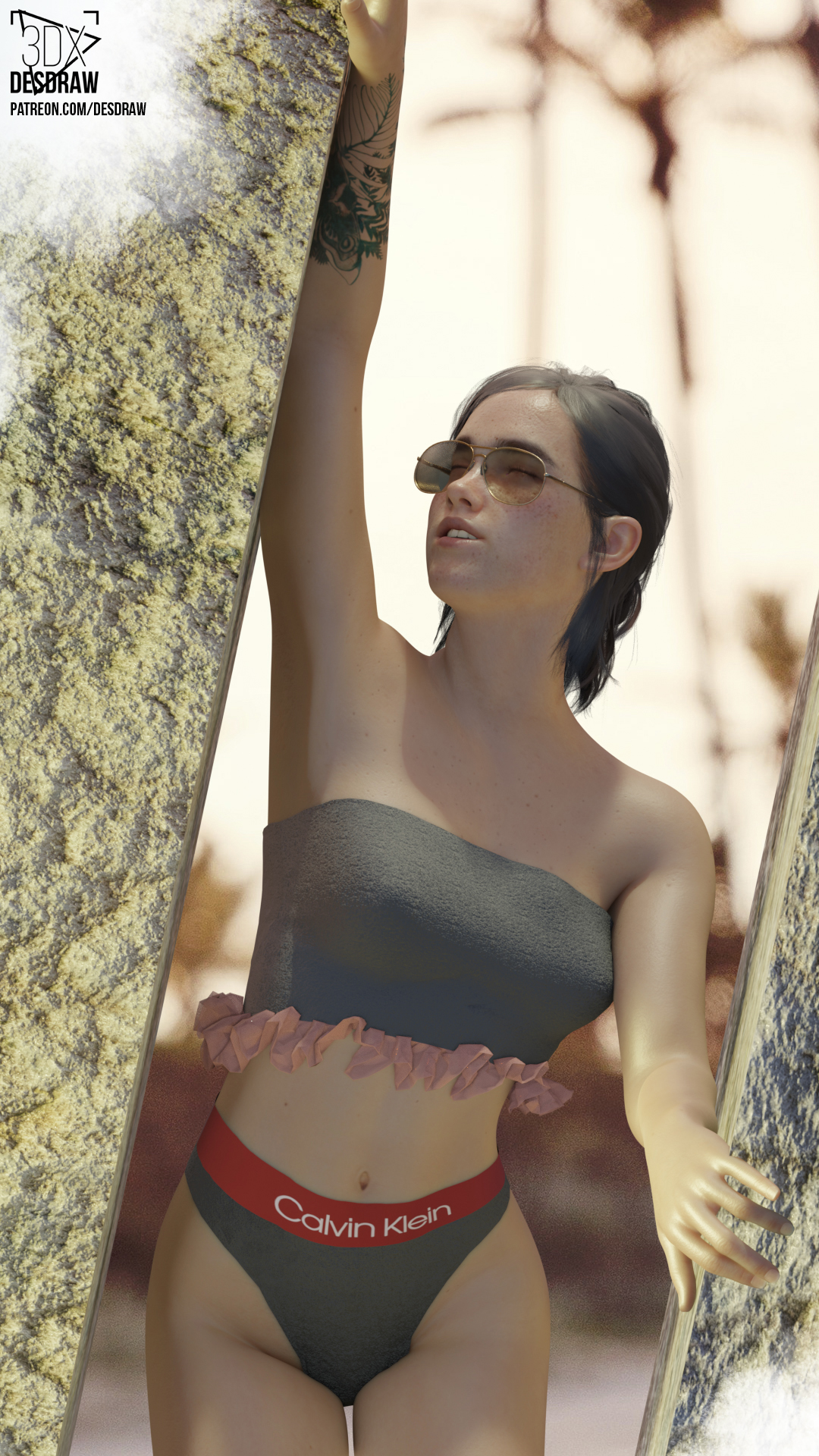 1girls, 3d, 3d (artwork), alternate breast size, bare arms, bare legs, bare shoulders, belly, belly button, bra, breasts, brown hair, brown-tinted eyewear, calvin klein, closed eyes, desdraw, ellie (the last of us), ellie williams, female, female focus, female only, freckles, frills, front view, hi res, medium breasts, midriff, naughty dog, navel, nipple bulge, panties, short hair, solo, solo female, solo focus, sunglasses, tattoo, the last of us, the last of us 2, tinted eyewear, tubetop, underwear
