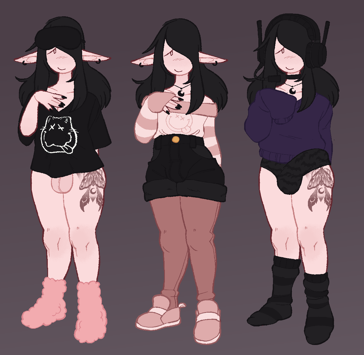 alternate_costume baggy_clothing balls bottomless bottomless_male bulge clothed clothing ear_piercing emo femboy footwear genitals girly hi_res humanoid humanoid_pointy_ears male model_sheet oversized_sweater piercing salmiakki_(wonderslug) slippers socks solo vampire wonderslug_(artist)