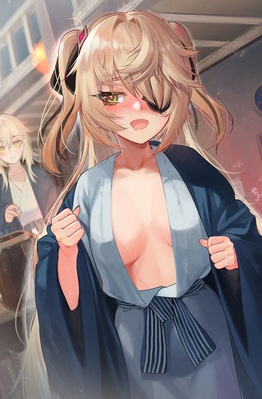 1girls, 2021, blonde hair, breasts, clothing, detailed background, drunk, eyepatch, female, female only, fischl (genshin impact), genshin impact, green eyes, hair ornament, long hair, medium breasts, open clothes, outdoors, petite, public, slim waist, torriet, twintails, undressing, undressing self