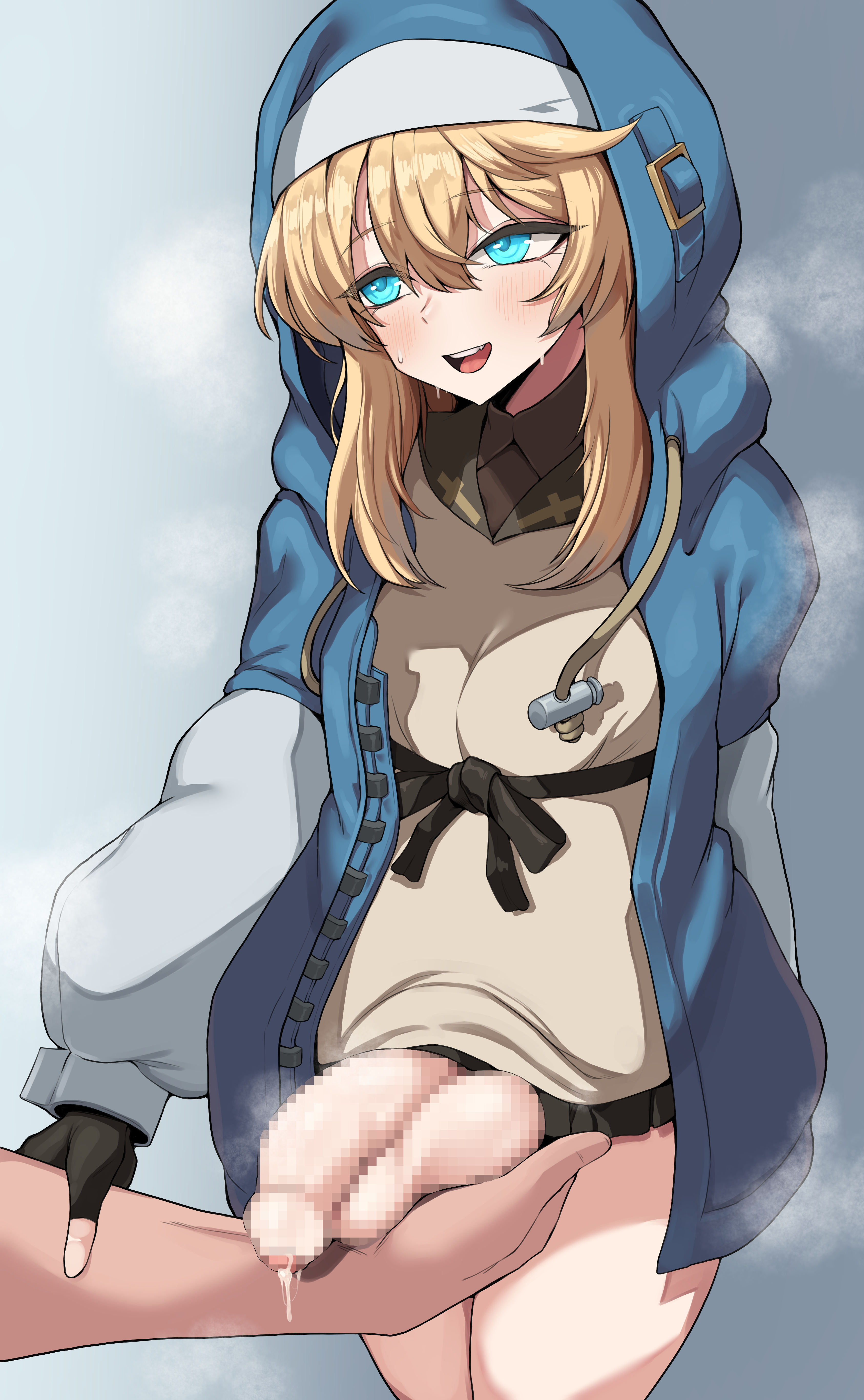 2boys, balls, big balls, big penis, blonde hair, blue eyes, blush, bridget, censored, femboy, fingerless gloves, gloves, grabbing balls, guilty gear, guilty gear strive, horny, male, male only, mosaic censoring, penis, precum, skirt, skirt up, standing, testicles, thighs, tiger drop, visible breath