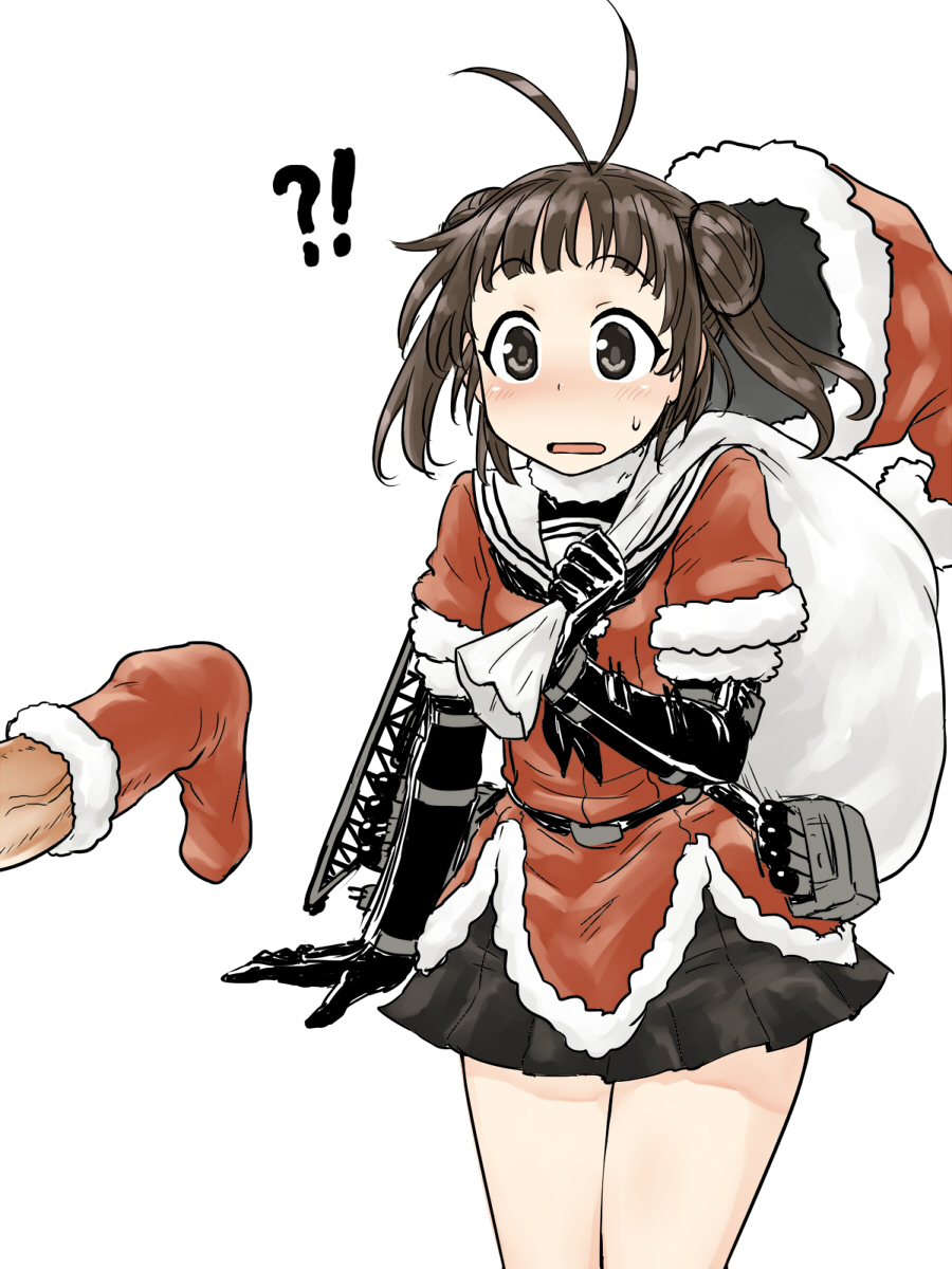 !? 1boy antenna_hair arm_at_side black_gloves black_skirt blush brown_eyes brown_hair cowboy_shot double_bun elbow_gloves erection female fur-trimmed_headwear gloves hat highres holding holding_sack itou_yuuji jacket kantai_collection miniskirt naka_(kantai_collection) parted_lips penis penis_in_sock puffy_short_sleeves puffy_sleeves red_jacket sack santa_hat short_sleeves simple_background skirt solo_focus standing straight white_background wide-eyed