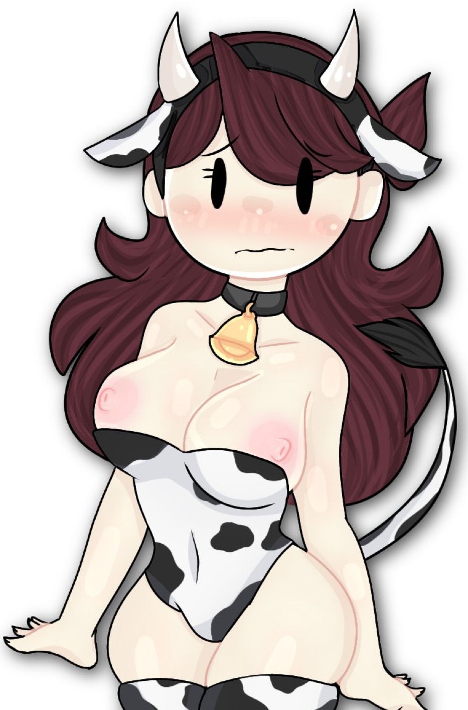 bebeeloof big_breasts breasts breasts_out brown_hair cow_ears cow_horns cow_print cow_swimsuit cowbell exposed_breasts jaiden jaiden_animations jaidenanimations mob_face nervous tagme youtube youtuber