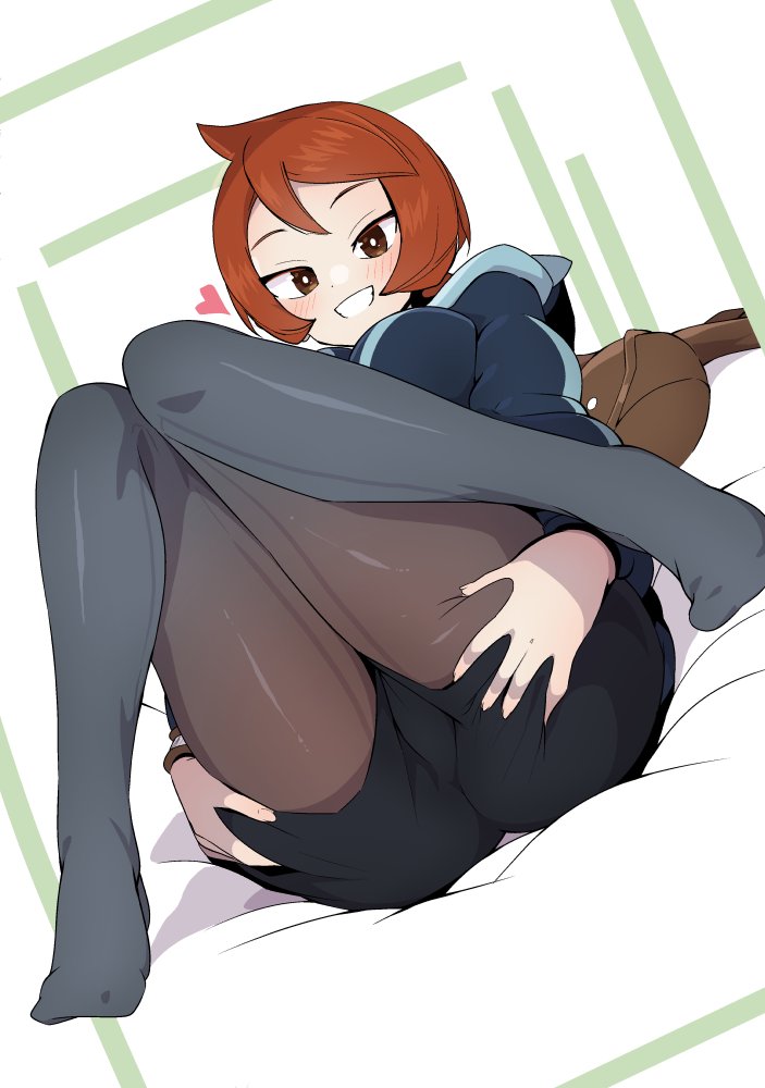 1girls, 2022, arezu (pokemon), ass, blush, brown eyes, cameltoe, clothed, clothed female, feet, feet in stockings, female, female only, large ass, long legs, lying on back, nintendo, pokemon, pokemon legends: arceus, pussy, red hair, short hair, simple background, smile, tights, tottotonero