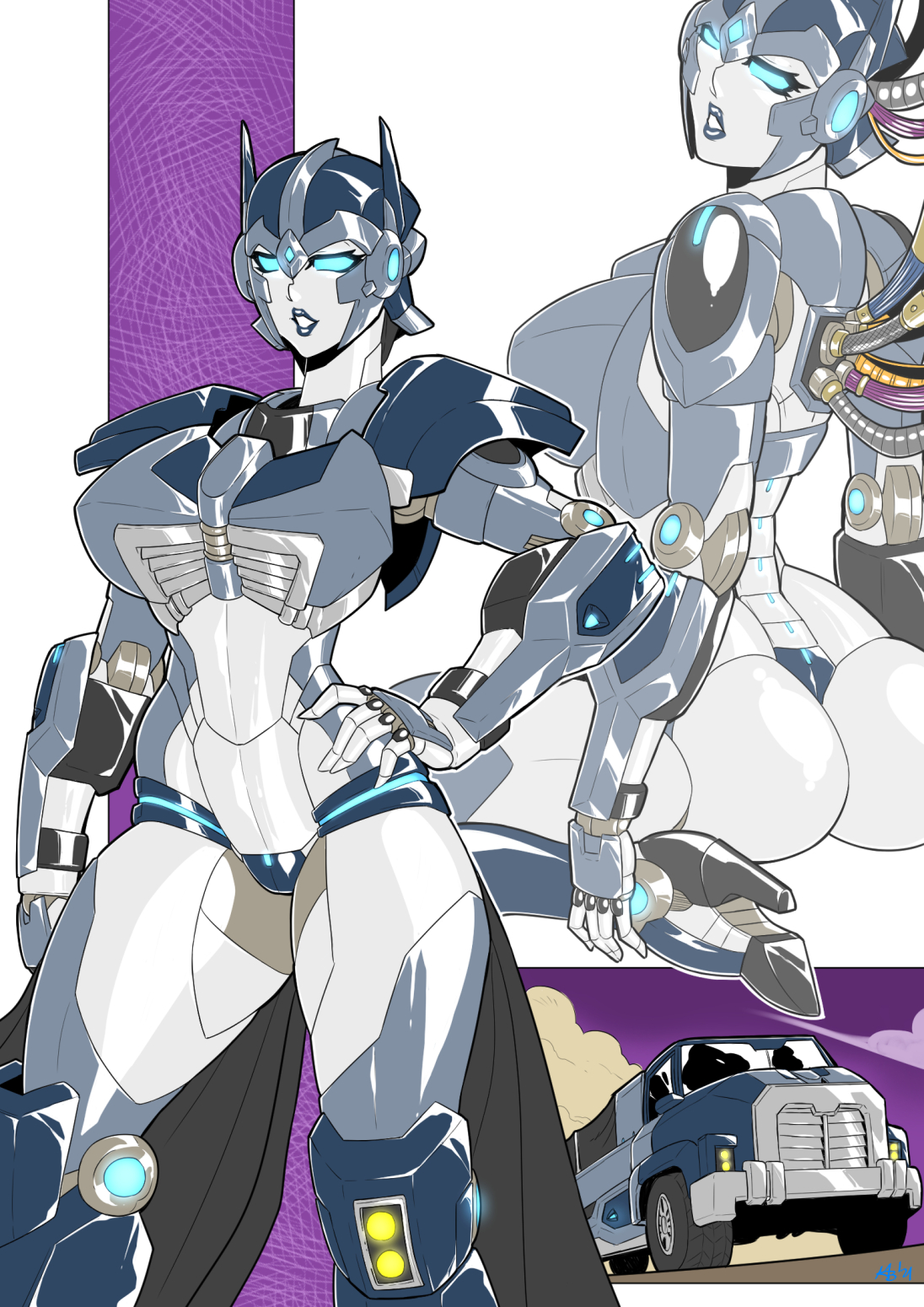1girls, alien, alien girl, alternate mode (transformers), ass, ass focus, big ass, big breasts, blue eyes, breasts, curvaceous, curves, curvy, curvy body, curvy female, curvy figure, curvy hips, fan character, female, female focus, female only, gynoid, hand on hip, high heels, machine, mad-project, optimum pride, panties, partially clothed, robot, robot girl, robot humanoid, round ass, round butt, solo, solo female, thick ass, thick thighs, transformers, truck, truck girl