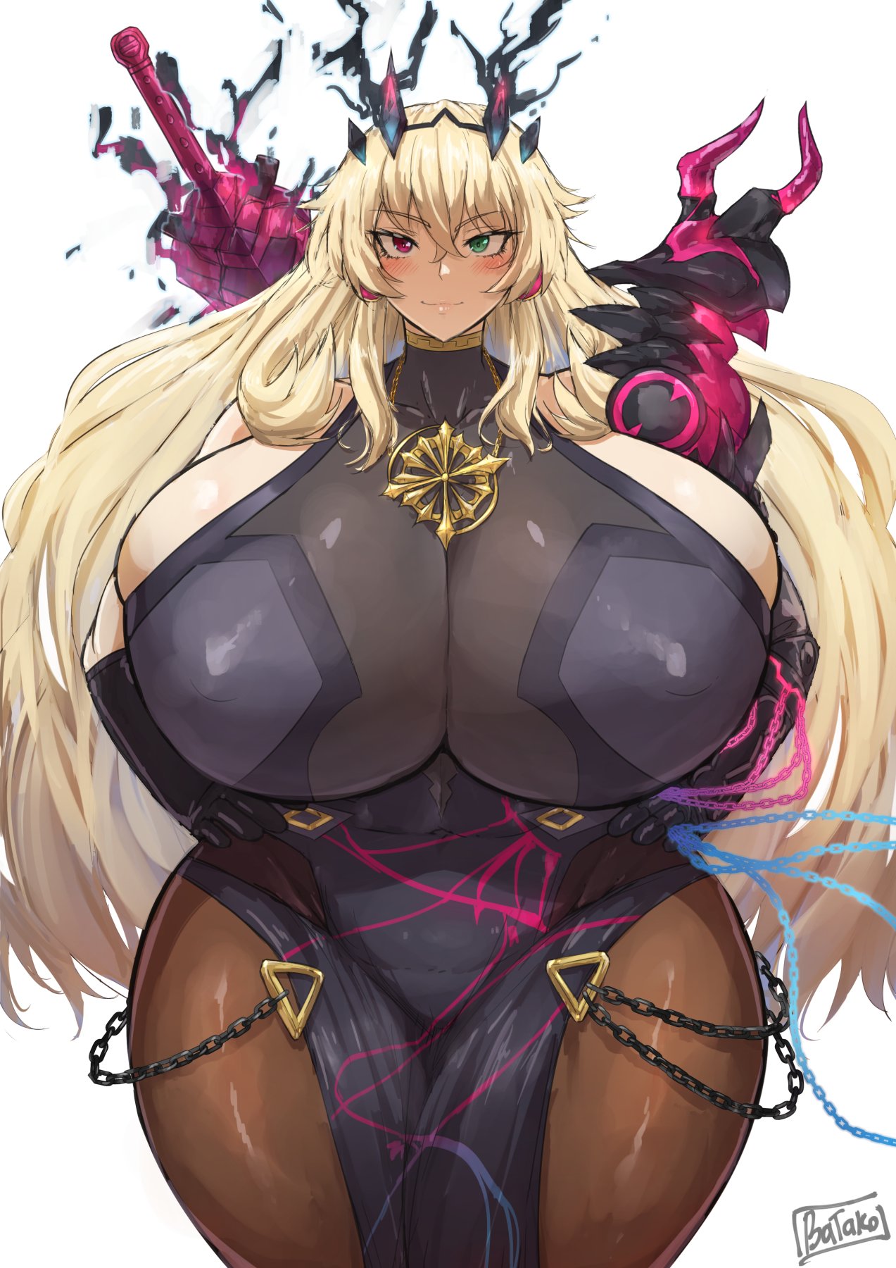 1girls, barghest (gawain) (fate), batako, big breasts, big thighs, blonde hair, breasts, cleavage, enormous breasts, fate (series), fate/grand order, fate/stay night, female, female focus, gigantic breasts, hands on hips, heterochromia, hips, huge breasts, large breasts, long hair, massive breasts, muscle mommy, muscles, sideboob, simple background, solo, solo female, thick thighs, thighs, watermark, white background, wide hips