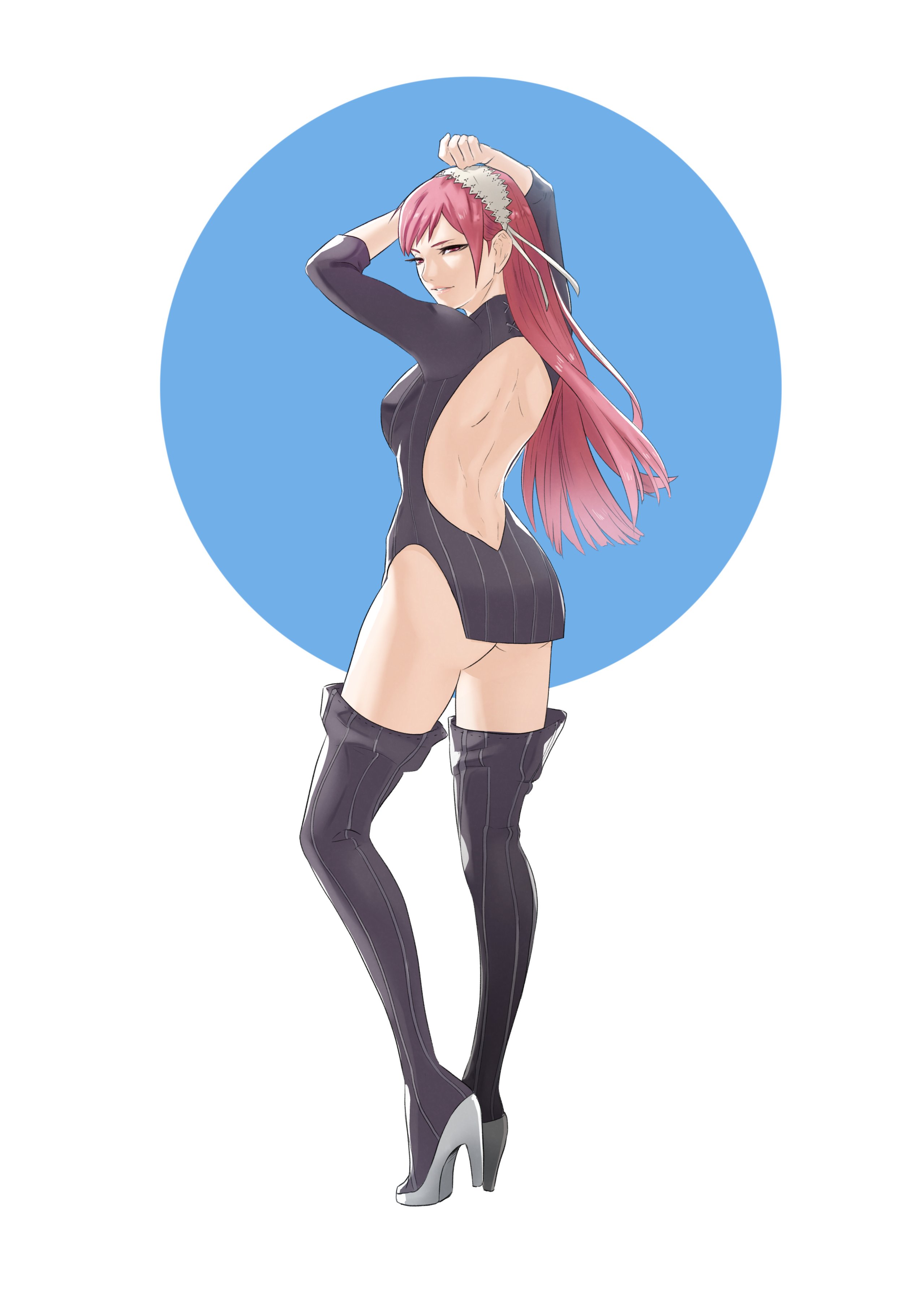 1girls, absurdres, ass, back, back view, backless outfit, bare back, bare thighs, big ass, boots, breasts, cherche (fire emblem), female, female only, fire emblem, fire emblem awakening, grin, hair ornament, high heels, highres, long hair, looking back, nintendo, pink eyes, pink hair, pomelomelon, small breasts, smile, solo, thigh boots, thighhighs, thighs, white background