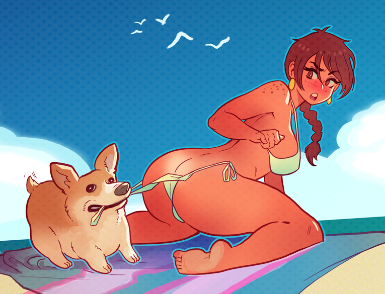 ass aubrey_(sea_legs) beach beach_towel bikini braid braided_hair breasts coppertone corgi dog earrings embarrassed_nude_female feet freckles kneeling looking_back ndasfw red_hair sea_legs tan_skin thick_thighs thong_bikini