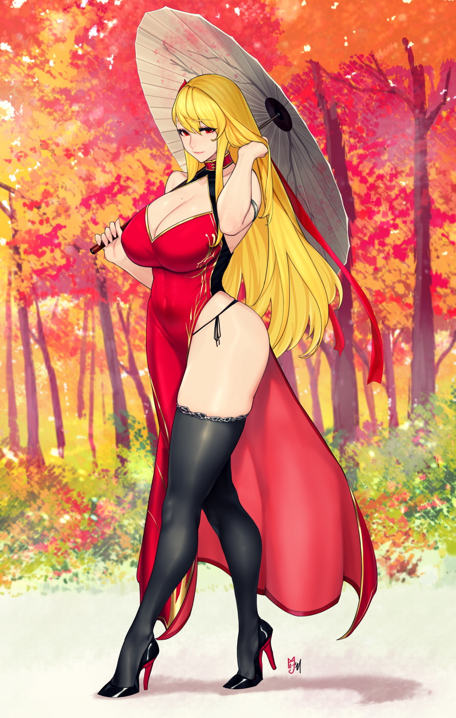 1girls adjusting_hair artist_name artist_signature ass autumn autumn_leaves bangs bare_shoulders big_ass big_breasts big_butt black_footwear black_high_heels black_legwear black_panties black_shoes black_stockings blonde_eyebrows blonde_hair breasts bursting_breasts busty butt cheongsam china_dress chinese_clothes cleavage cleavage_cutout covered_navel dress enormous_breasts eyebrows_visible_through_hair female female_focus female_only full_body hair_between_eyes hand_in_hair hi_res high_heeled_shoes high_heels high_resolution highres hips holding holding_umbrella huge_breasts human human_only humanoid large_ass large_breasts large_butt leg_stockings legwear long_hair mole mole_on_breast mole_under_eye original outdoors panties pelvic_curtain red_china_dress red_chinese_dress red_dress red_eyes side-tie_panties skin_tight smile solo solo_female stockings straight_hair thick thick_ass thick_thighs thighhighs thighs top_heavy tree umbrella voluptuous walking wide_hips zcune