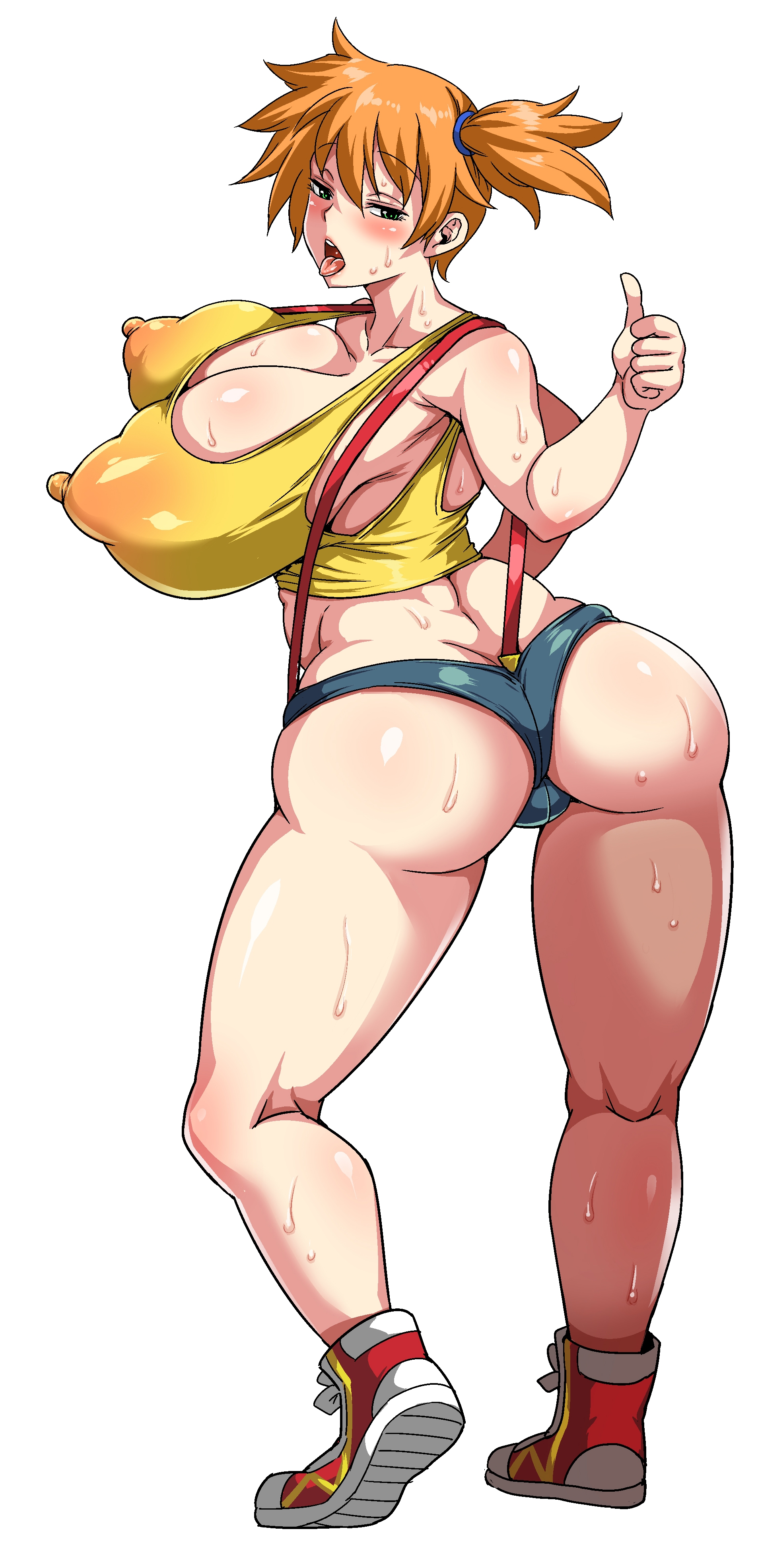 adapted costume, armpits, ass, asymmetrical hair, bare legs, blush, breasts, clothing, denim, denim shorts, female, game freak, gen 1 pokemon, green eyes, gym leader, high resolution, huge breasts, kasumi (pokemon), large breasts, legs, looking at viewer, musashino sekai, nintendo, nipples, orange hair, pokemon, pokemon (anime), pokemon (classic anime), pokemon (game), pokemon rgby, ponytail, shirt, shoes, short hair, short shorts, shorts, side ponytail, smile, sneakers, solo, standing, suspenders, sweat, sweatdrop, tank top, thick thighs, thighs, tied hair, tongue, tongue out, very high resolution, wet, wide hips, yellow shirt, yellow tank top