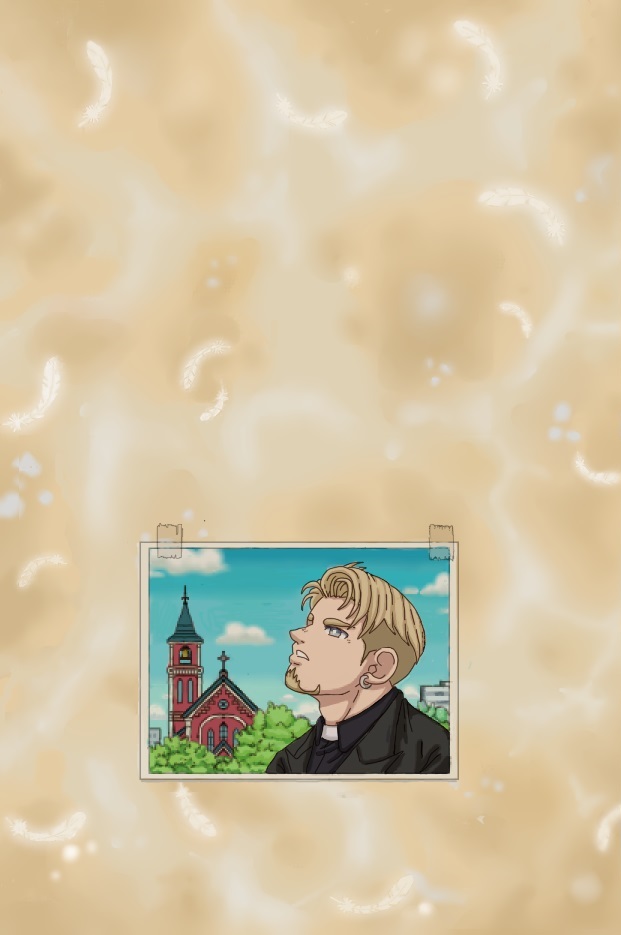 bara black_clothing black_collar blonde_hair blue_sky building church clergy clouds doujinshi ear_piercing feathers grey_eyes male_focus male_only photo priapus priest religious religious_clothing silverace trees yaoi