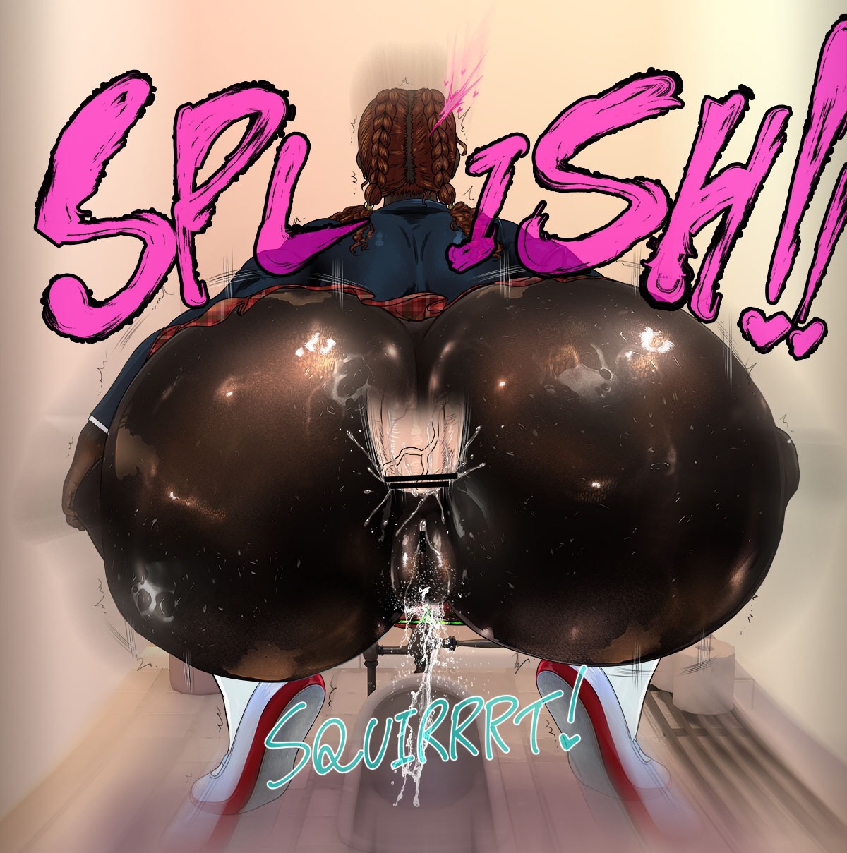 anal, anal sex, ass, big ass, big butt, black diamond (rebis), censored, cumming, dark skin, dark-skinned female, facing away, female, huge ass, huge butt, miniskirt, oiled, orgasm, original, public restroom, pussy, rebis, school uniform, schoolgirl, shiny skin, squatting, squirting, thong, vagina