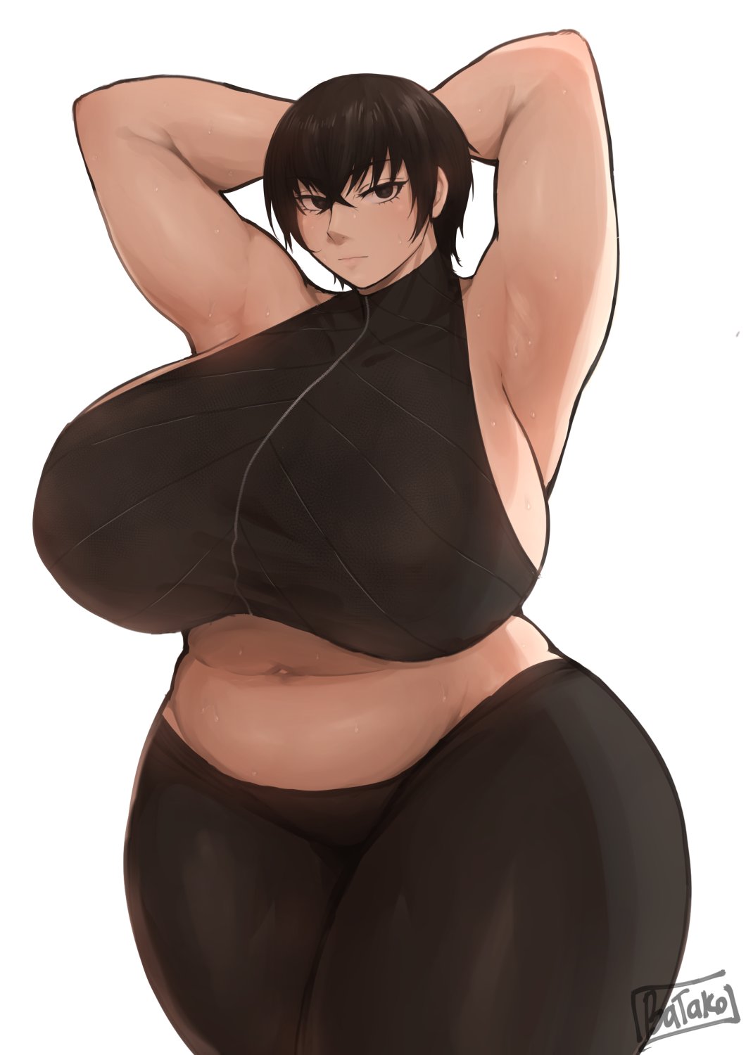 1girls, armpits, batako, big breasts, big thighs, black hair, black leggings, breasts, female, female only, hips, huge breasts, kurogane (kunaboto), leggings, light skin, light-skinned female, looking at viewer, midriff, oc, original character, pale skin, pale-skinned female, perky breasts, short hair, sideboob, solo, solo female, thick thighs, thighs, thunder thighs, tomboy, venus body, very short hair, wide hips