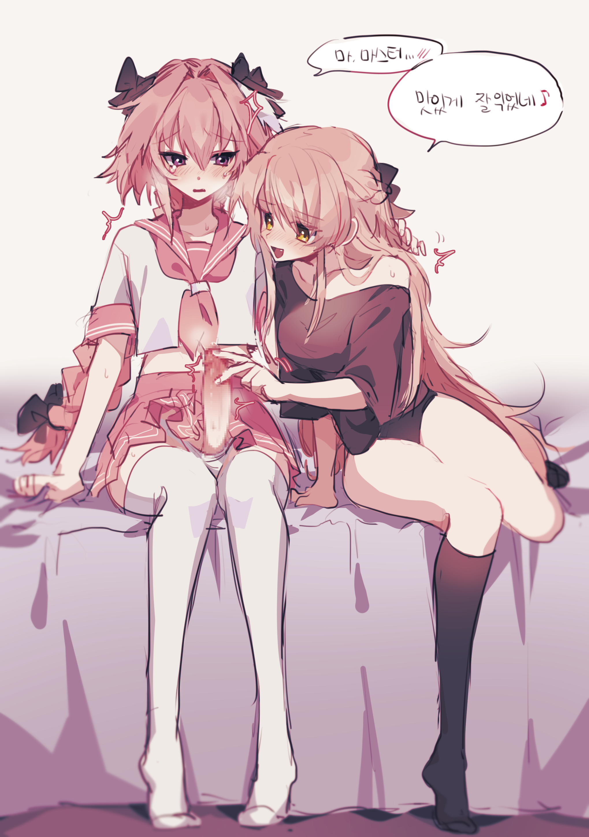 1boy, 1girls, astolfo (fate), black legwear, black shirt, blush, bottomwear, breasts, censored, censored penis, clothing, crossdressing, crossdressing male, cute, cute face, cute femboy, erection, eyebrows, eyebrows visible through hair, fate (series), female, female human, femboy, femboy on female, femboysub, femdom, human, hung femboy, korean text, koyashaka, large penis, legwear, long hair, male, male human, male/female, malesub, original character, otoko no ko, otokonoko, penis, pink hair, ponytail, ponytail male, shirt, small but hung, straight, sweat, text, thighhighs, topwear, translation request, underwear, very long hair, very long-haired female, very long-haired male, white legwear