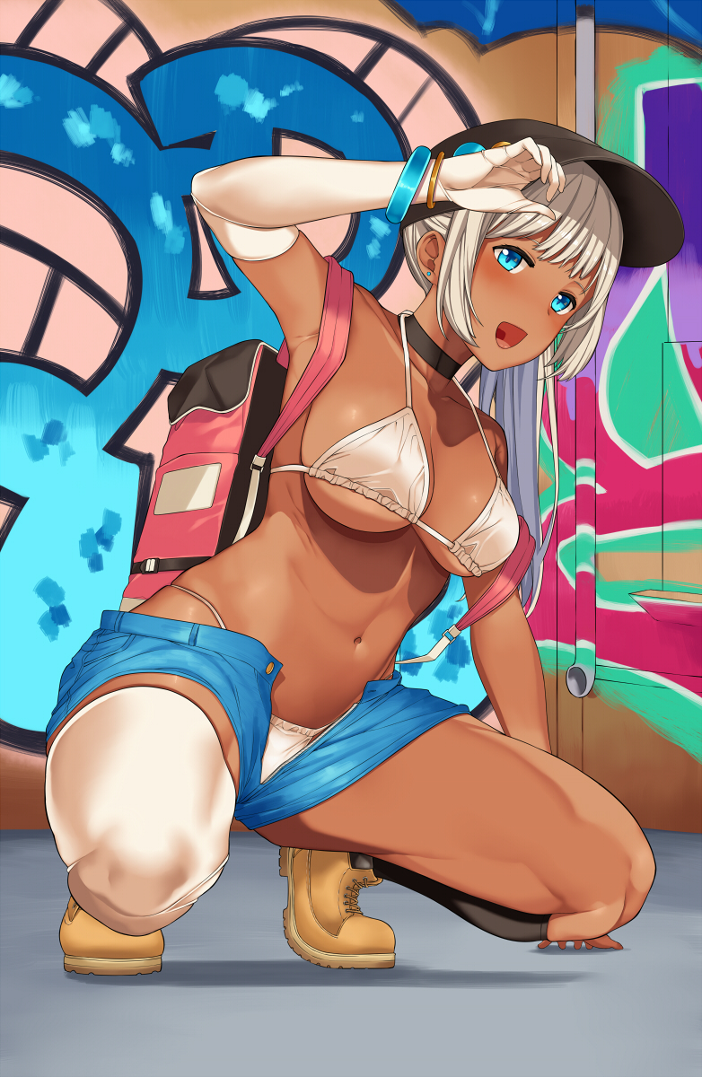 1girls, arm up, armband, armpits, asymmetrical clothes, asymmetrical gloves, asymmetrical legwear, backpack, bangs, bare arms, bare midriff, bare shoulders, bare thighs, belly button, bikini, bikini bottom, bikini top, bikini under clothes, black legwear, blue eyes, boots, bracelet, bracelets, breasts, choker, cleavage, dark skin, dark-skinned female, ear piercing, female, female focus, female only, graffiti, gyaru, hand on head, hat, highlow, inner sideboob, jorts, kuro gyaru, large breasts, long gloves, long hair, long ponytail, looking at viewer, looking to the side, midriff, navel, nipple bulge, open clothes, open clothing, open mouth, ponytail, revealing clothes, short shorts, shorts, side view, sideboob, skimpy, skimpy bikini, skimpy clothes, sole female, solo, solo female, solo focus, squatting, swimsuit, swimwear, tan body, tan skin, thick thighs, thigh highs, thighhighs, thighs, underboob, white bikini, white gloves, white hair, white legwear