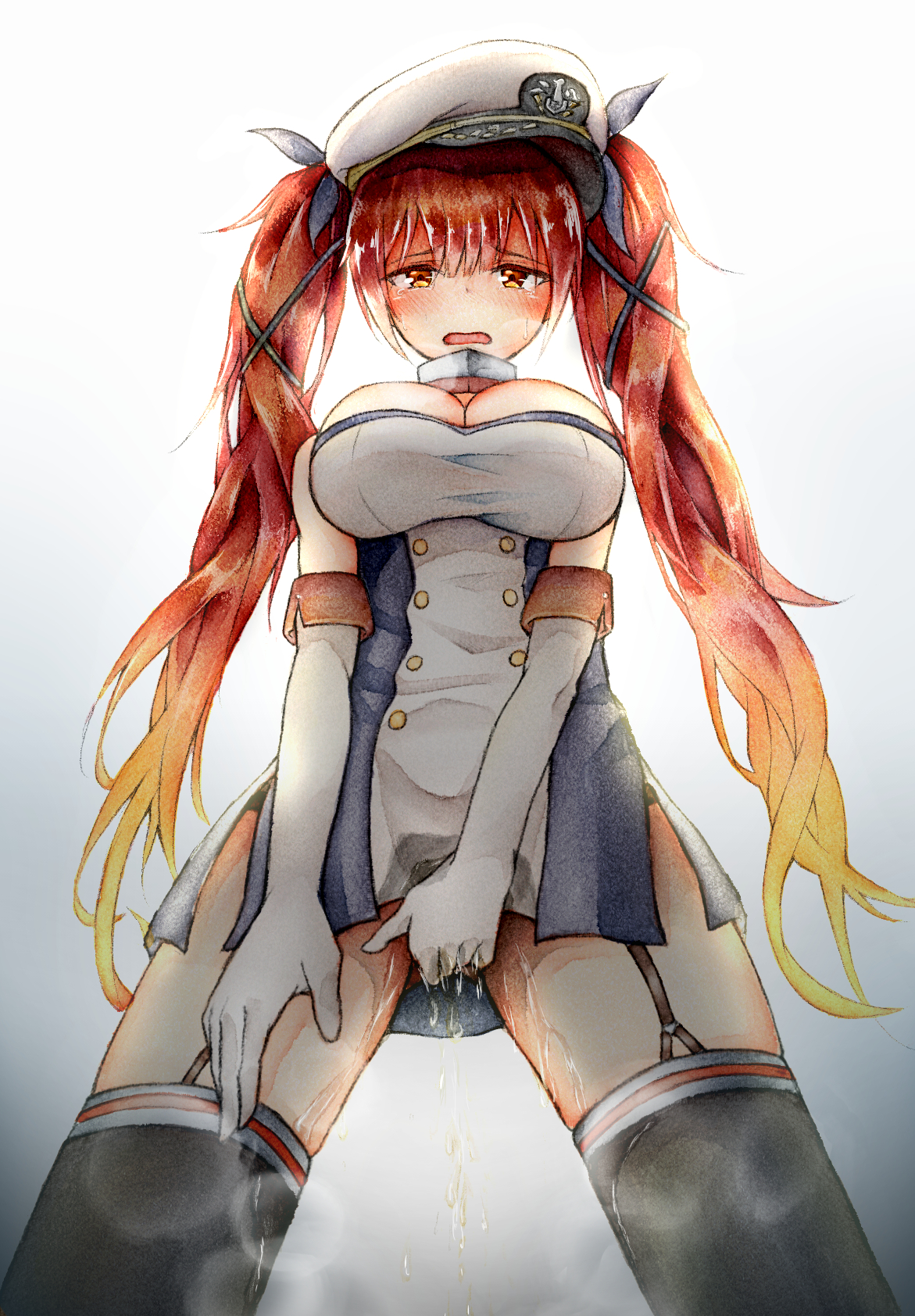 1girls, azur lane, bare shoulders, between legs, black panties, black ribbon, black thighhighs, blue dress, blush, breasts, breath, cleavage, detached collar, dress, elbow gloves, embarrassed, female, female focus, from below, garter straps, gloves, gluteal fold, gradient background, gradient hair, hair ribbon, half-closed eyes, hand between legs, hat, highres, honolulu (azur lane), large breasts, legs apart, long hair, looking at viewer, multicolored hair, open mouth, orange hair, panties, peaked cap, peeing, peeing self, red hair, ribbon, short dress, side slit, simple background, skindentation, sleeveless, sleeveless dress, solo, standing, steam, sweat, tears, thighhighs, twintails, underwear, urine, watakarashi, wet, wet clothes, white background, white gloves, white hat, yellow eyes