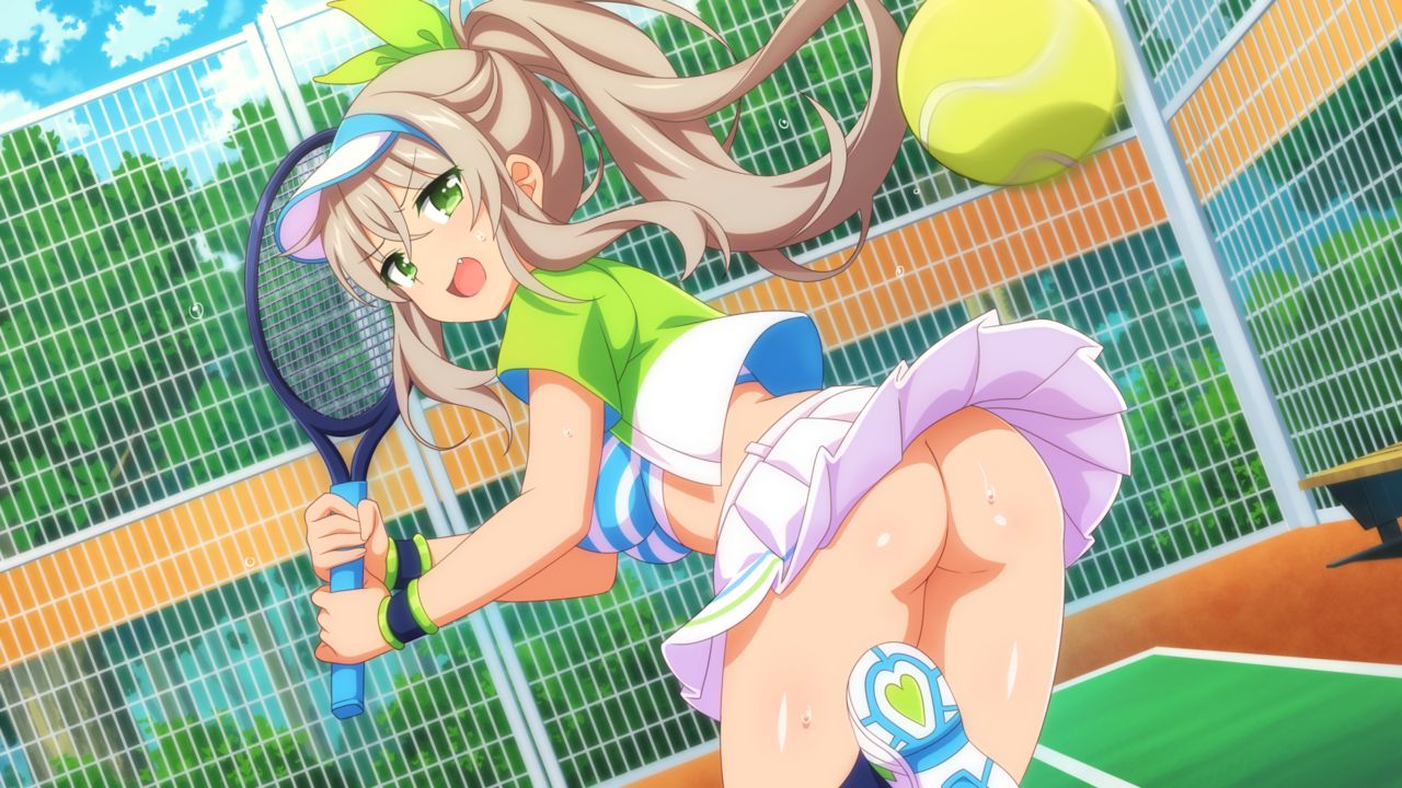 1girls ass breasts butt_crack commentary_request game_cg green_eyes green_shirt hazel_(sakura_succubus) holding_object looking_at_viewer looking_back no_panties official_art open_mouth ponytail sakura_succubus skirt skirt_lift solo succubus sweat sweatdrop tennis_ball tennis_outfit tennis_racket tennis_uniform wanaca white_skirt winged_cloud