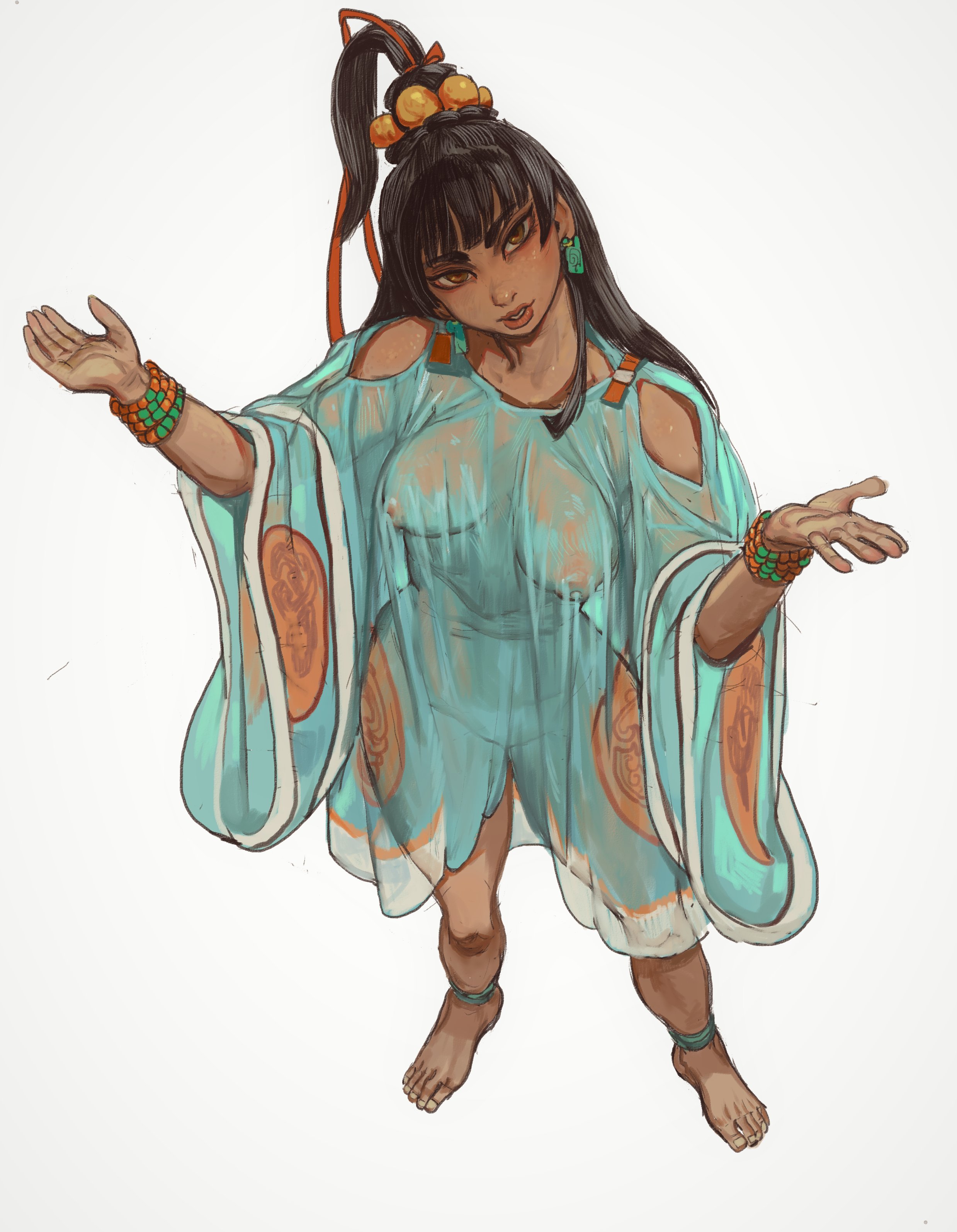 1girls, 2d, above view, black hair, breasts, chel, female, female only, long hair, looking at viewer, mayan mythology, medium breasts, mossa, nipples, pose, see-through, see-through clothing, solo, solo female, standing, the road to el dorado, traditional clothes
