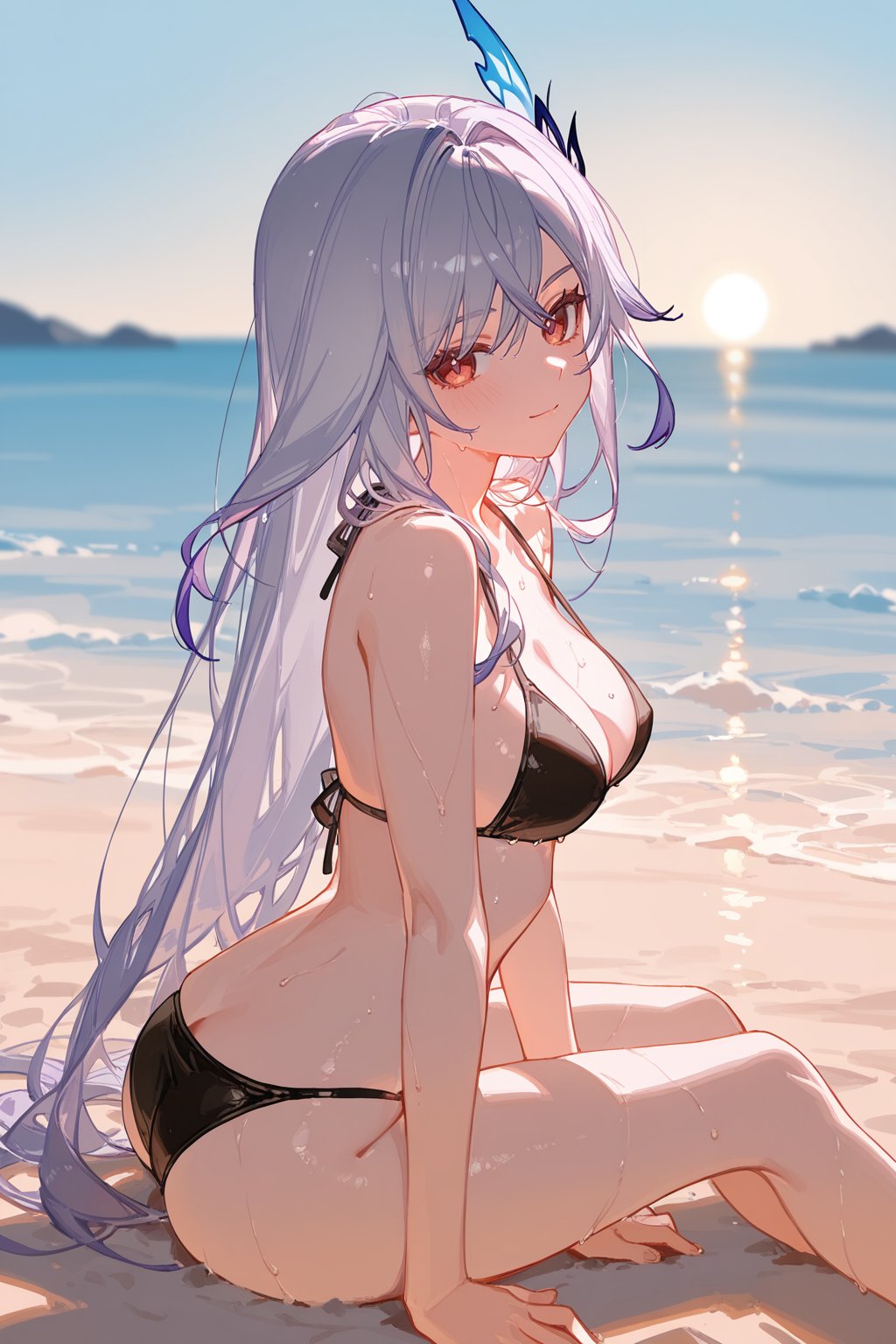 1girls, ai generated, beach, bikini, bra, breasts, cleavage, female, genshin impact, looking at viewer, mihoyo, panties, red eyes, skirk (genshin impact), white hair