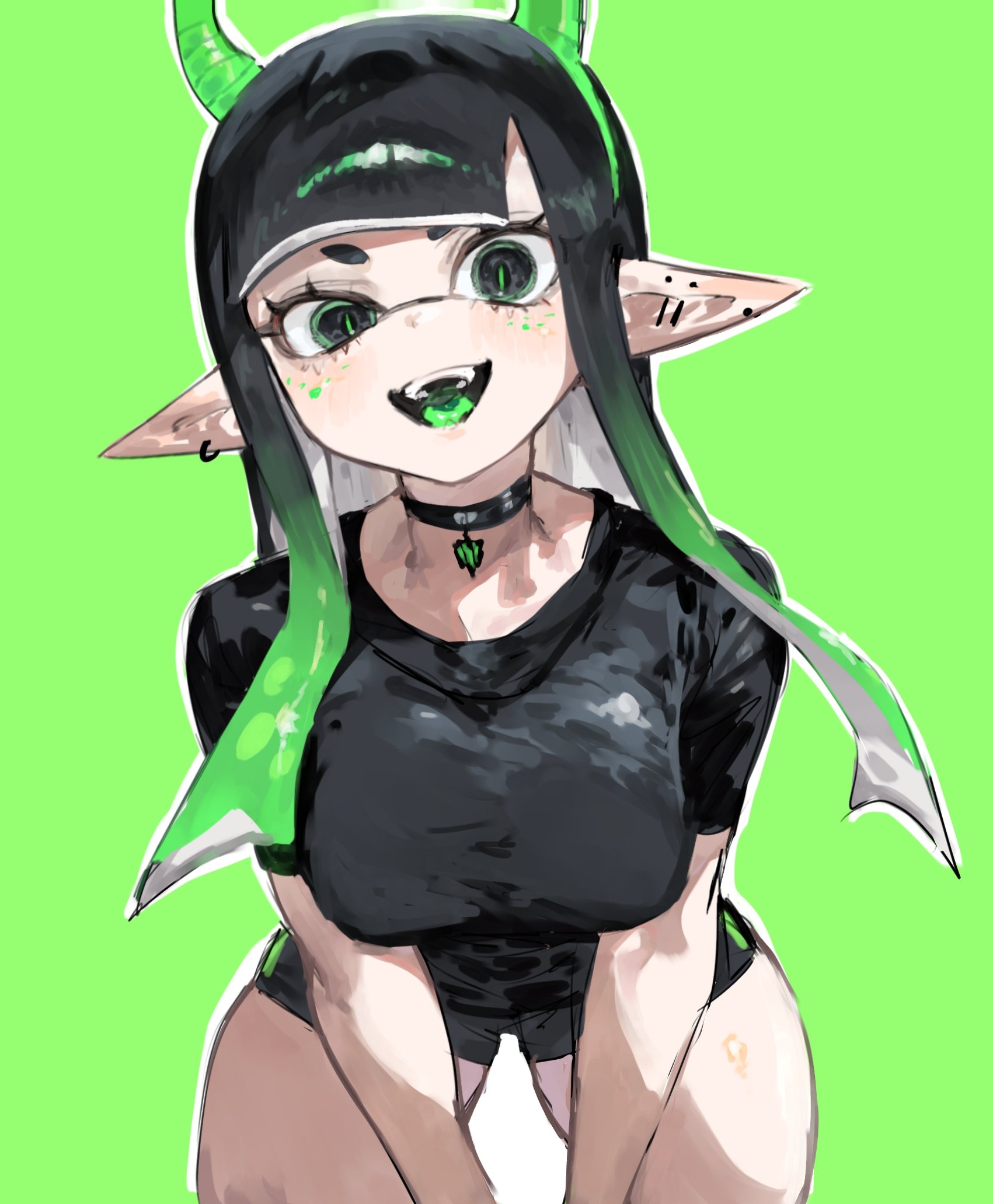 1girls, bangs, black eyes, black shirt, blunt bangs, breasts, choker, emo, fake horns, female, horns, inkling, inkling girl, large breasts, long hair, looking at viewer, nintendo, open mouth, pointy ears, shirt, shorts, solo, solo female, solo focus, splatoon, splatoon (series), splatoon 3, tentacle hair, thick thighs, thighs, togetoge, tongue, tongue out, two-tone hair